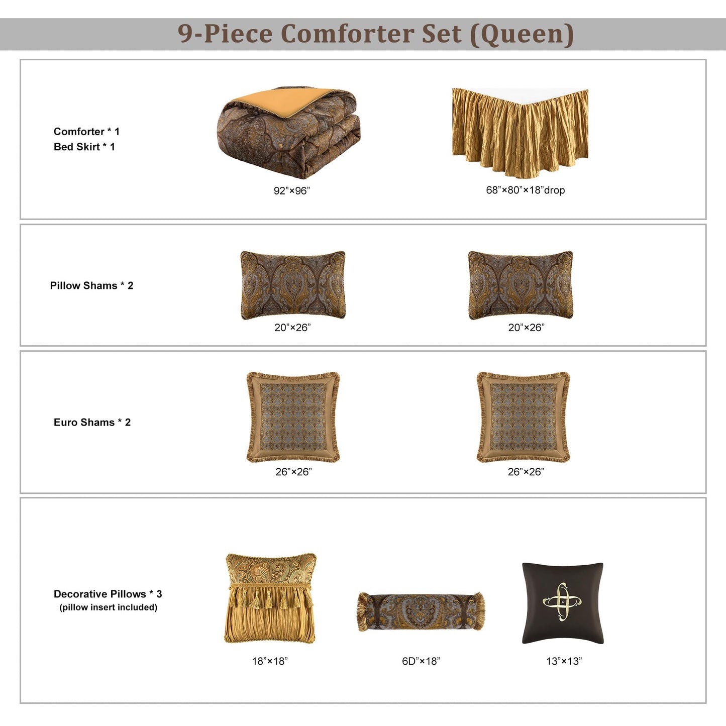 Loom and Mill 9-Piece Jacquard Comforter Set, Luxury Classic Antique Comforter Queen Sets, Ultra Soft Damask Bedding with Euro Shams, Bedskirt, Filled Decorative Pillow for Home (Bronze Gold, Queen)