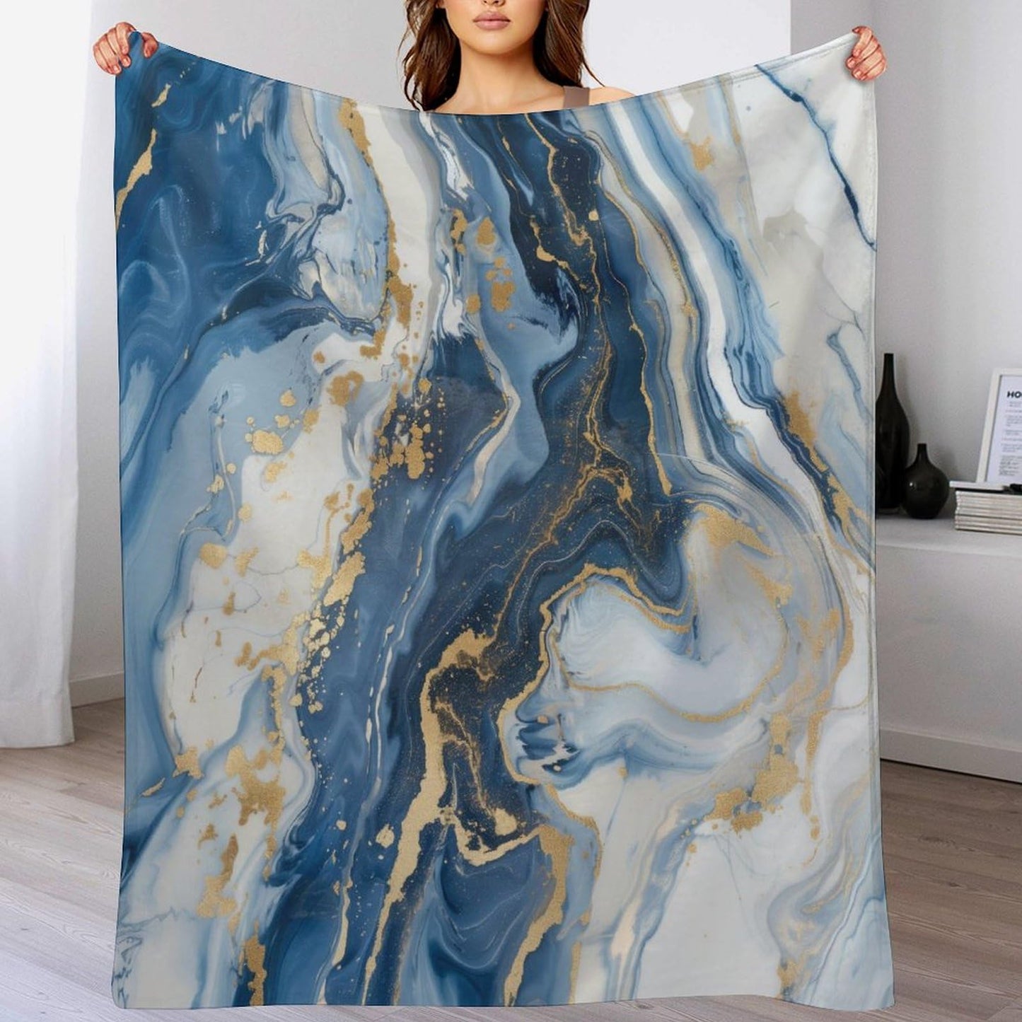Marble Throw Blanket for Bed Sofa, 40"x50" Super Soft Warm Cozy Fluffy Plush Blanket, Modern Luxury Foil Texture Blue White Gold Marble Flannel Couch Blanket for Travel Camping