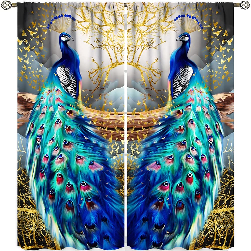 Peacock Curtains,Beautiful Two Peacock Golden Butterfly Tree Art Pattern Window Drapes for Living Room Bedroom Kitchen Decor,Rod Pocket Room Decor Curtains,42 x 45 Inch