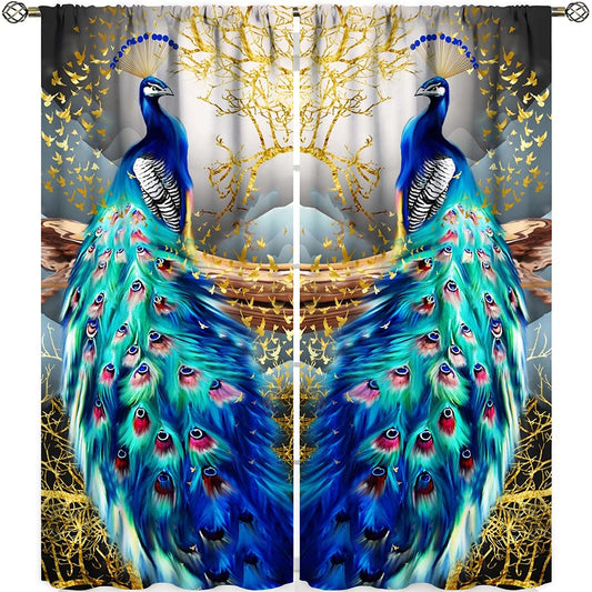 Peacock Curtains,Beautiful Two Peacock Golden Butterfly Tree Art Pattern Window Drapes for Living Room Bedroom Kitchen Decor,Rod Pocket Room Decor Curtains,42 x 45 Inch
