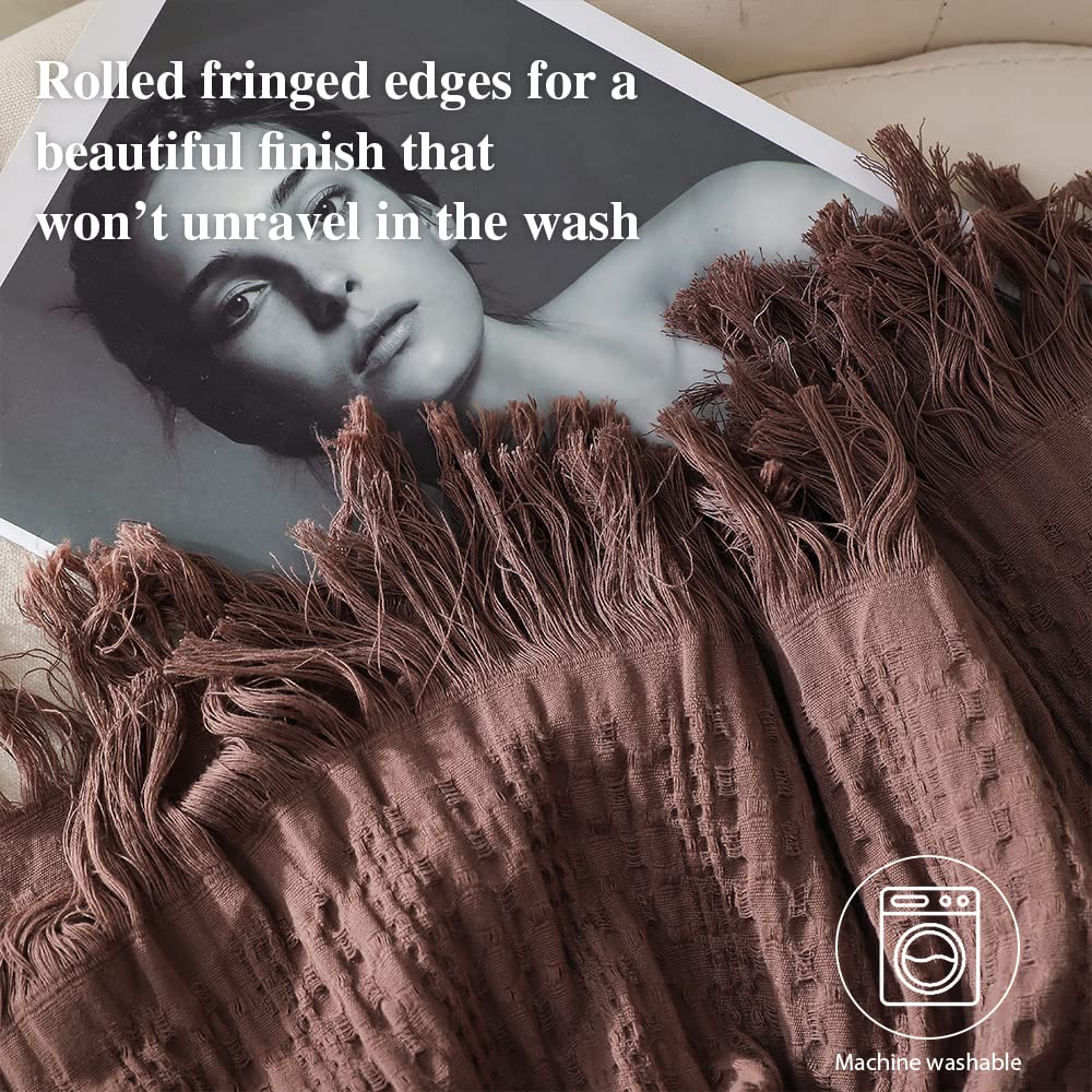Simple&Opulence 100% Cotton Throw Blanket for Couch, Bed, Waffle Weave Cable Knit Blanket with Tassels, Soft Lightweight Pre-Washed Breathable Cozy Blanket Farmhouse Decoration for All-Season (Brown)