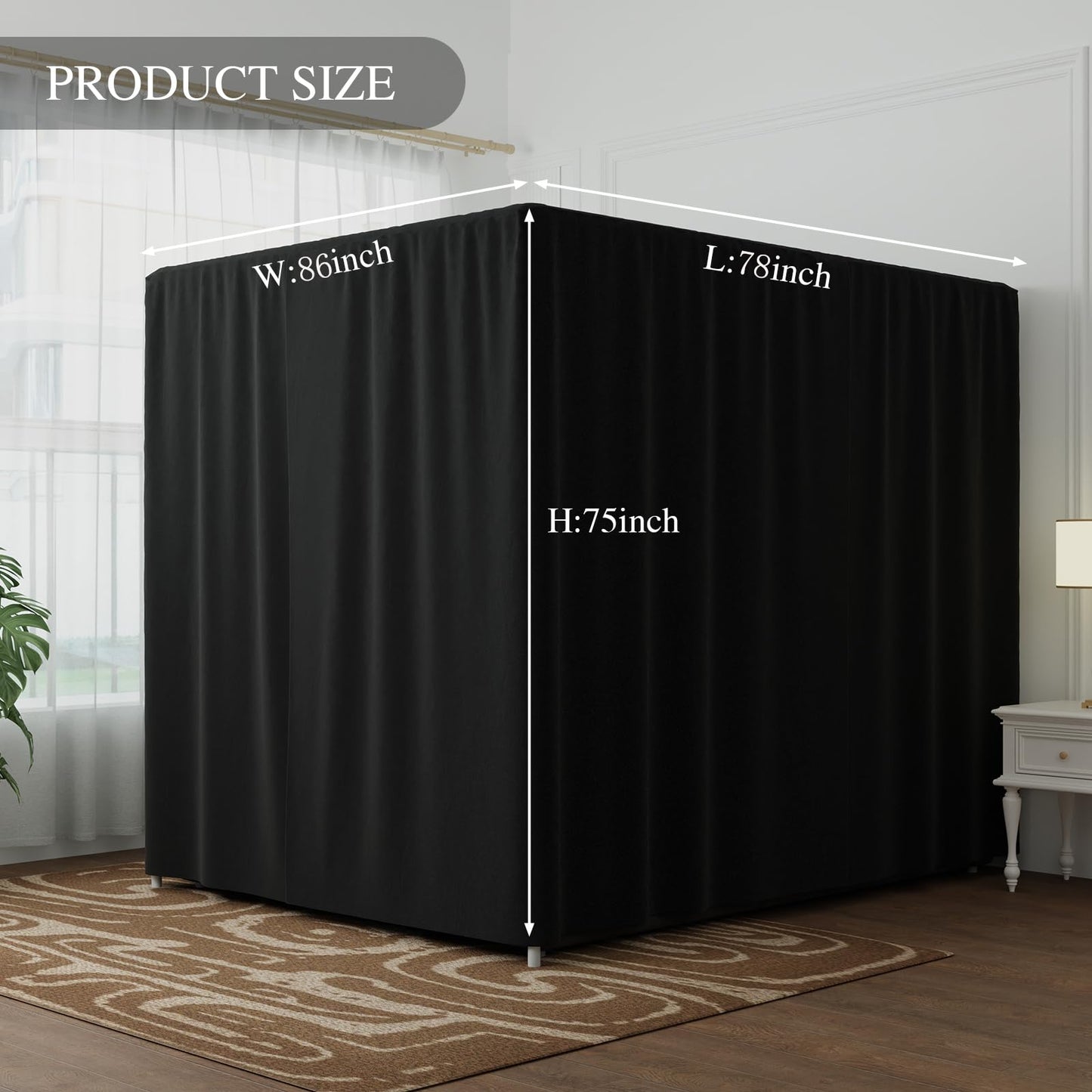 YRDKB Black Canopy Bed Curtains - 4 Corner Post Bed Curtains King Lightproof Siamesed Drapes Bed Canopy for Adults & Girls Bedroom Decoration(Black,King)