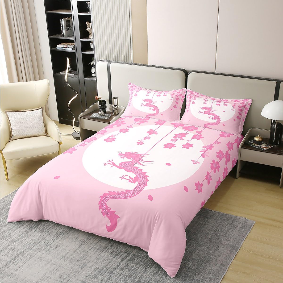 Erosebridal Pink White Kawaii Comforter Cover Twin Size 100% Cotton for Kids Girls Teen Women,Fantasy Animal Dragon Duvet Cover Magical Wildlife Bedding Set Aesthetic Romantic Cherry Blossom Bed Set