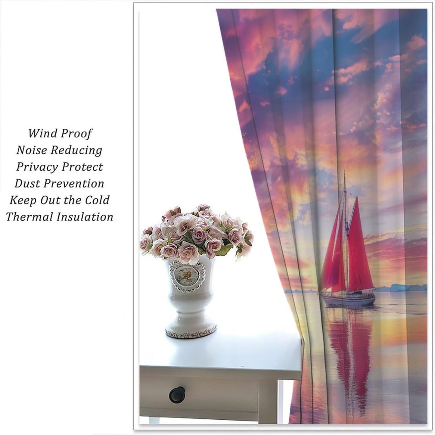 TOWINSFB Beautiful Ocean Scenery Blackout Curtains for Living Room Bedroom, Fantasy Nature Nautical Sailboat Window Curtains Rod Pocket Thermal Insulated Window Drapes, 2 Panels, Each 21W x 45L