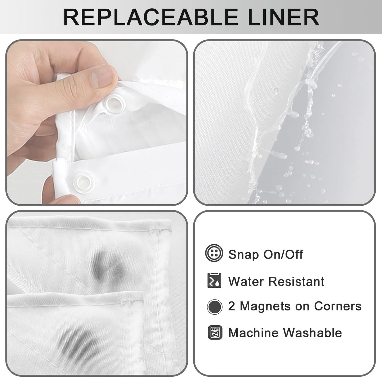 TWLSNCD No Hook Shower Curtain with Snap in Liner, White Shower Curtains and Liner Set, Hotel Fabric Bath Curtain for Bathroom, Mesh Top Window Waterproof Washable, 71" x 74"