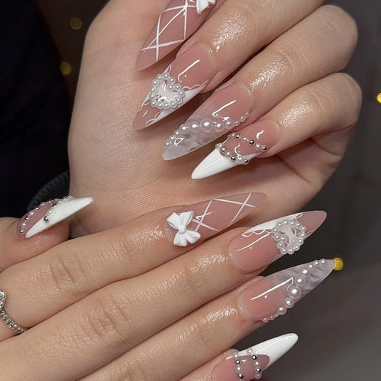 French Tip Press on Nails Long Almond Fake Nails with Heart-Shaped Pearl Bow Charms Acrylic Nails Press ons Cute Design French Nails Press ons Cute Bow Stick on Nails Rhinestones Nails for Women