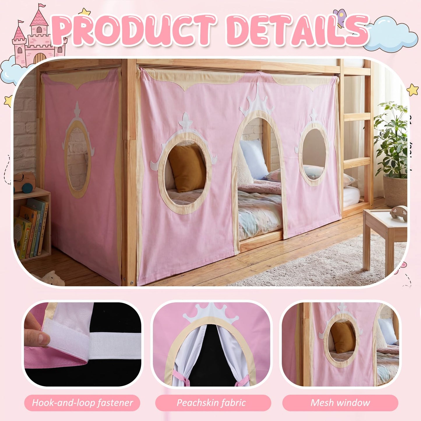Hahafelt Low Bunk Bed Curtain Set - 2 Panel 59" 38" Underbed Peachskin Playhouse Loft Bed Privacy Play Curtains for Kids Bedroom Decoration Gift(Princess,Pink)