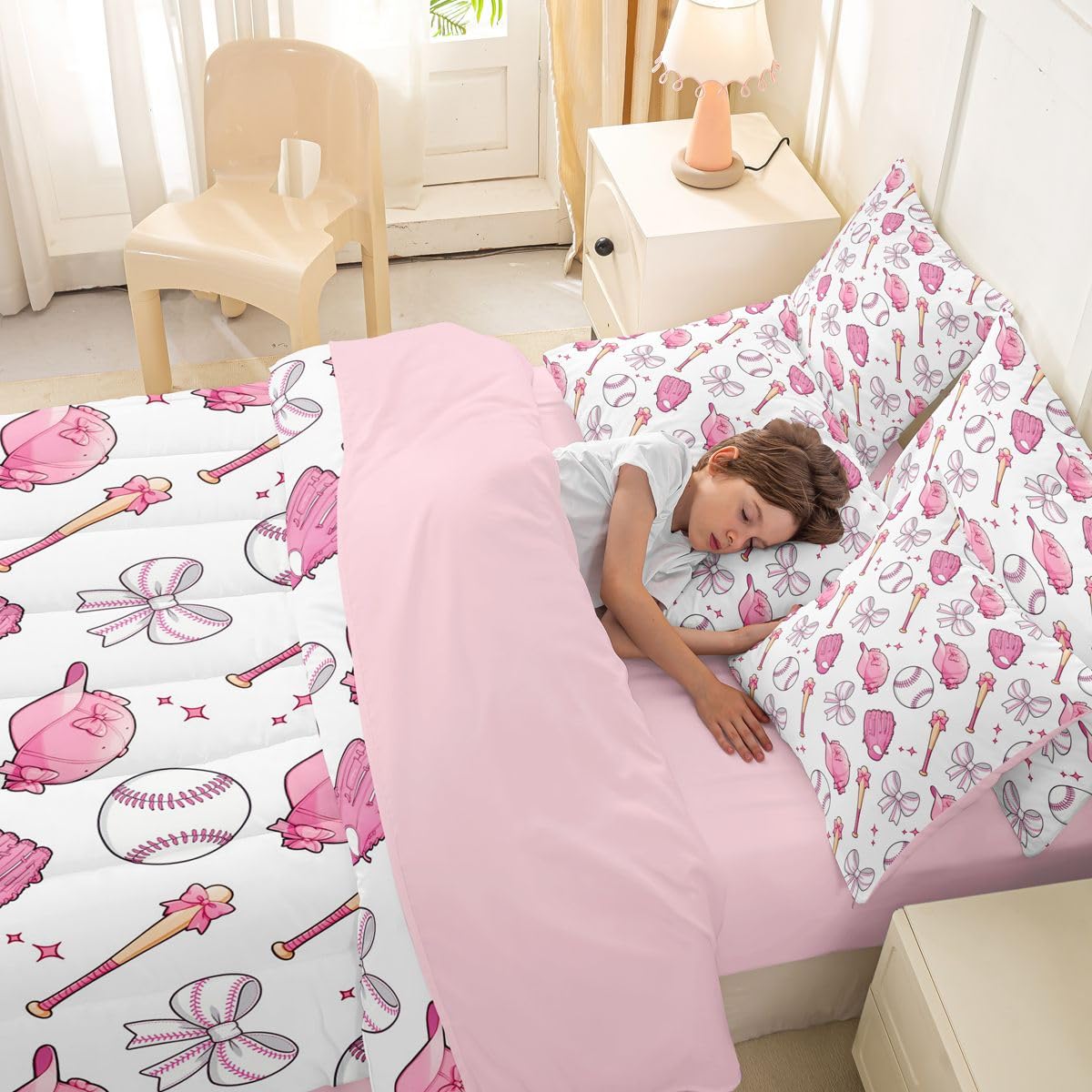 Castle Fairy Baseball Bow 7 Piece Comforter & Sheet Sets Full Size,Pink Bowknot Bedding Set Baseball Bat and Cap Bed in a Bag Cute Girly Sports Flat & Fitted Sheets,4 Pillow Covers