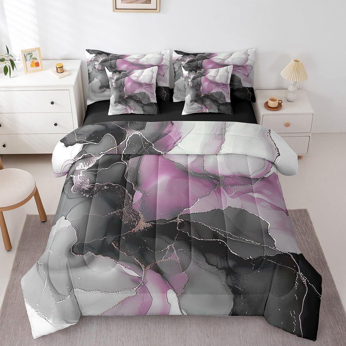 7 Pieces Girls Black and Pink Bedding Comforter Sets Modern Marble Bed in a Bag, Gold Metallic Full Bedding Sets Chic Foil Print Comforter Set, Abstract Mountain Fluid Bedding Sets & Collections