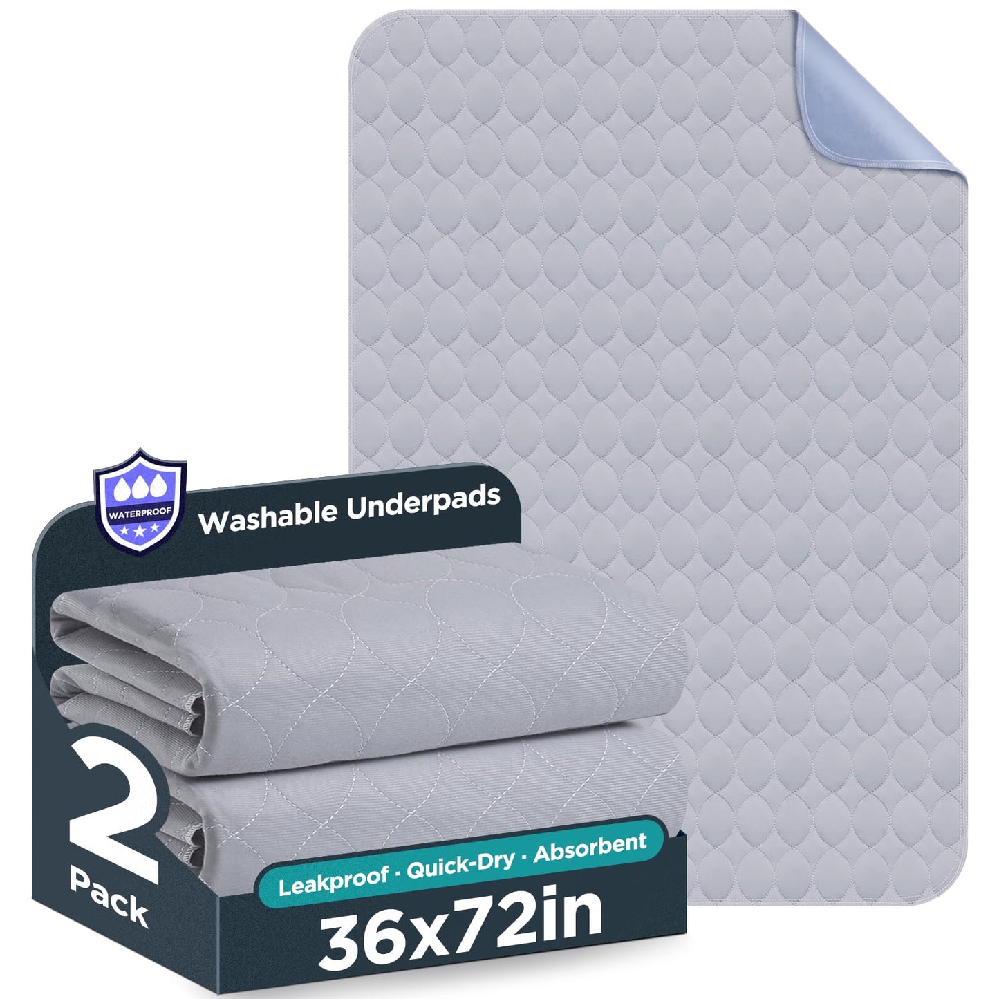 Washable Bed Pads 36" x 72" - 2 Pack, Grey, Waterproof Bed Pads for Incontinence, Bed Wetting Pads for Bed, Sofa, Floor, Resuable Underpads for Adults, Seniors, Pet