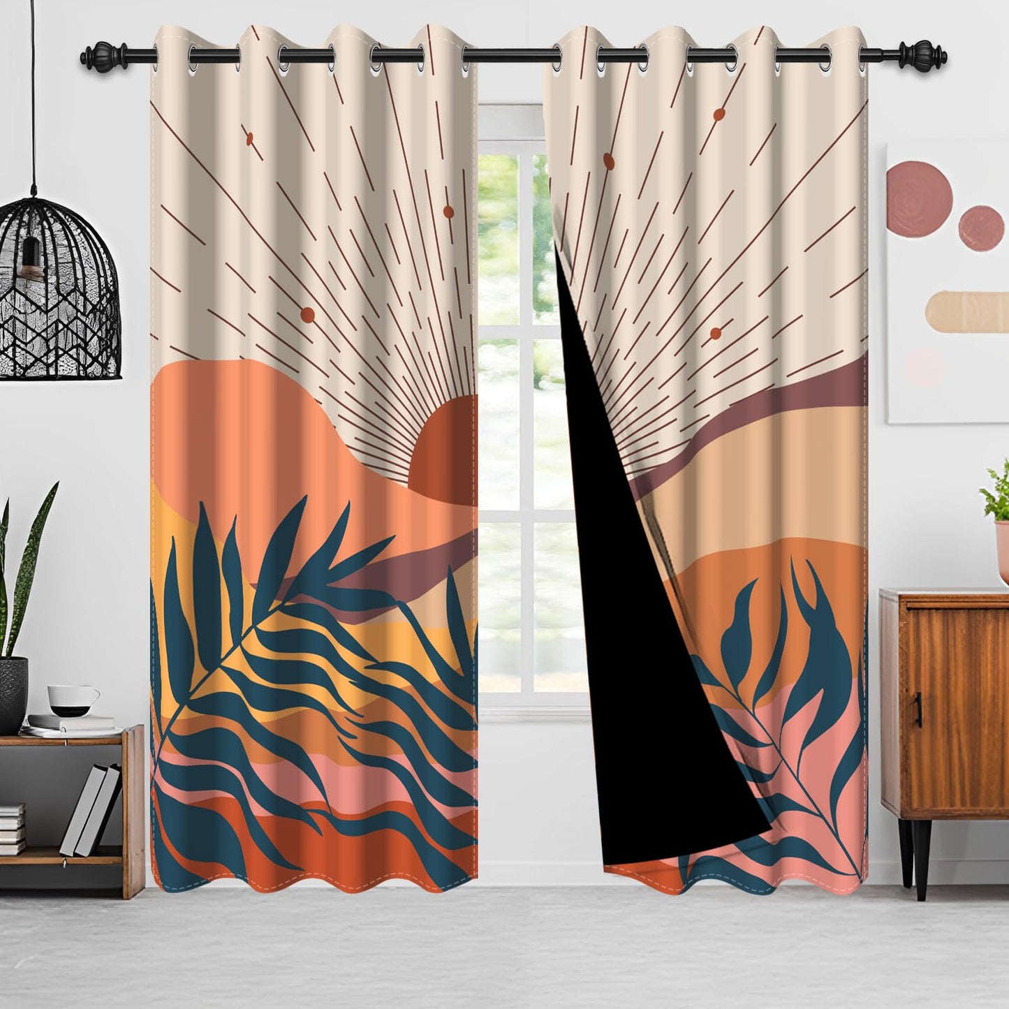 Ruelvth Mid Century Boho Blackout Curtains, Abstract Sunrise Mountain Window Curtains for Living Room Terracotta Rustic Room Darkening Grommet Curtains 53x84 Inch, 2 Panels