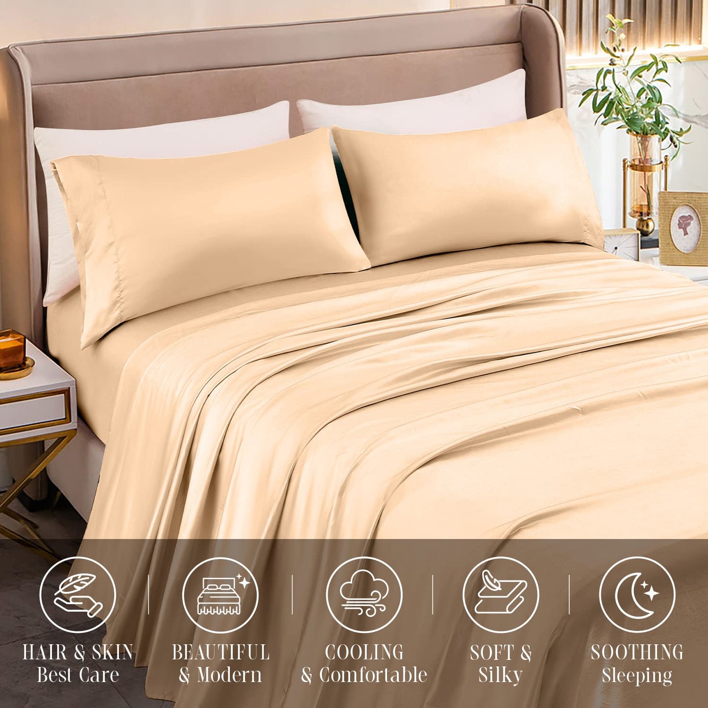 Elegant Comfort Luxurious 4-Piece Silky Satin Sheet Set, Skin and Hair Friendly, Wrinkle, Fade, Stain Resistant with Deep Pockets Fitted Sheet, Cooling Soft Satin Sheet Set, Twin XL, Champaign