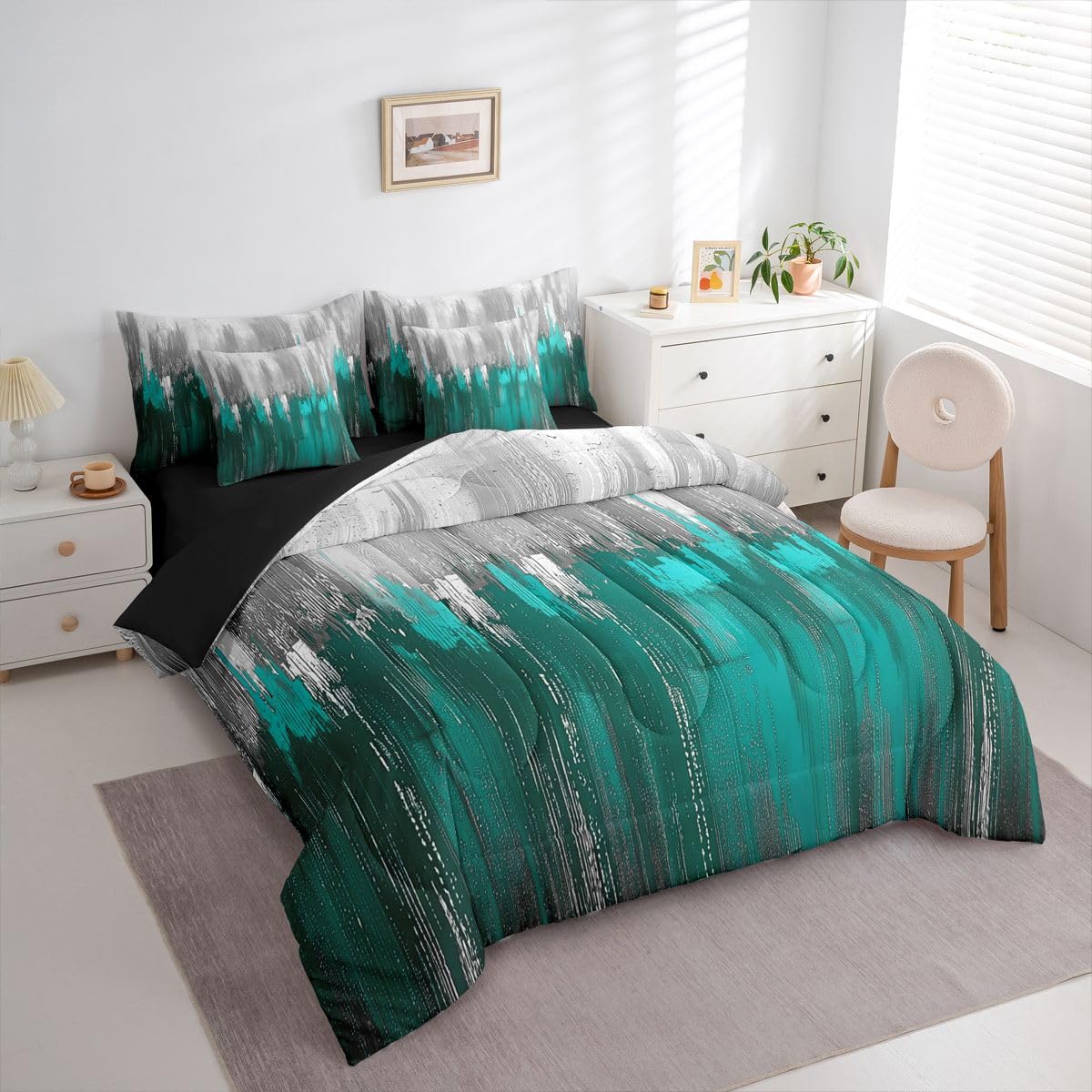 Erosebridal Greyish Gradient 7 Piece Bedding Set Queen White Teal Comforter Set with Sheets Chic Abstract Art Ombre Vintage Bed in a Bag Farmhouse Graffiti Modern for Teens Men Women