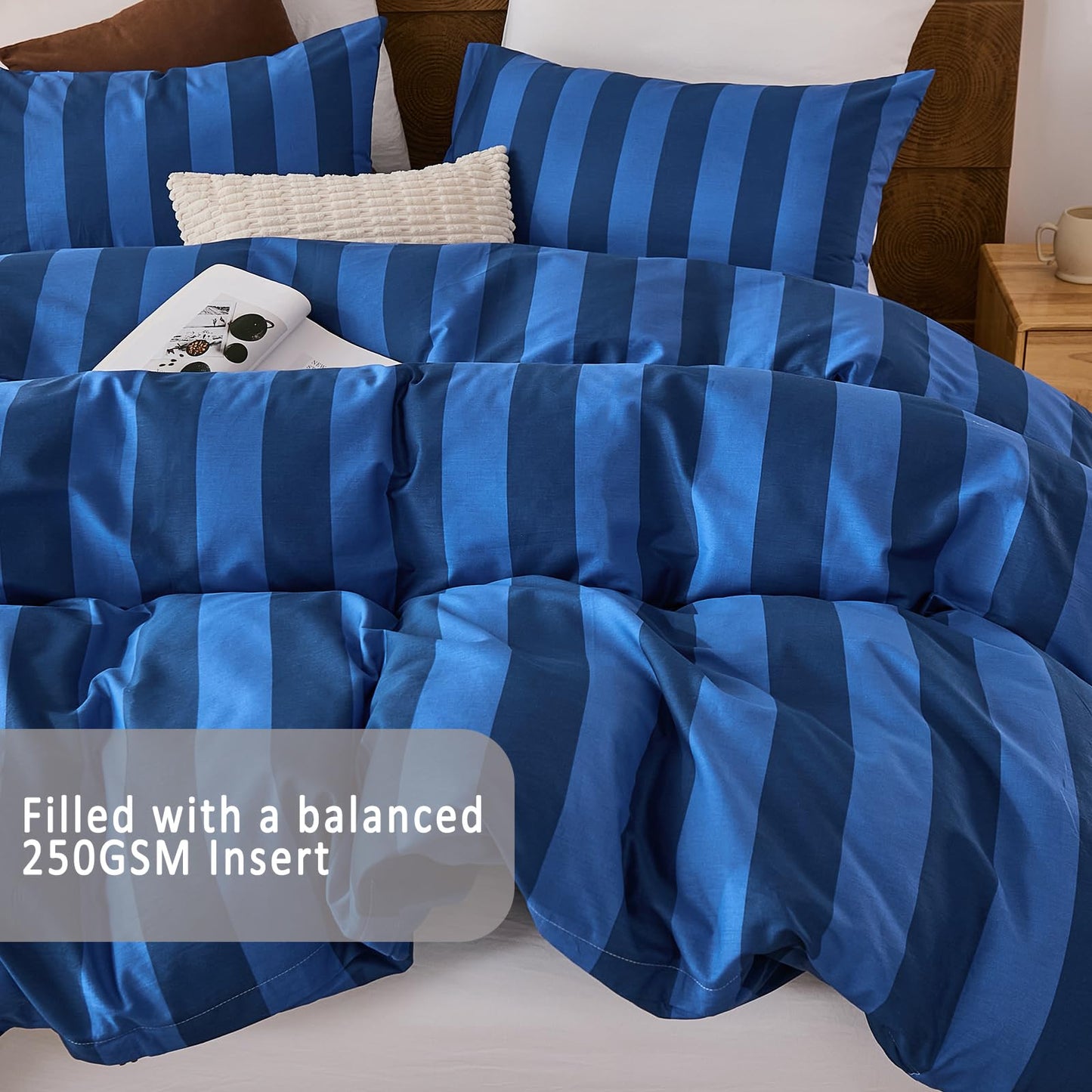 Merryword Blue Striped Comforter Set King Size, 100% Cotton Reversible Comforter Set 3 Pcs, Luxury Linen Like Bedding, Soft Breathable Lightweight Comforter for All Seasons