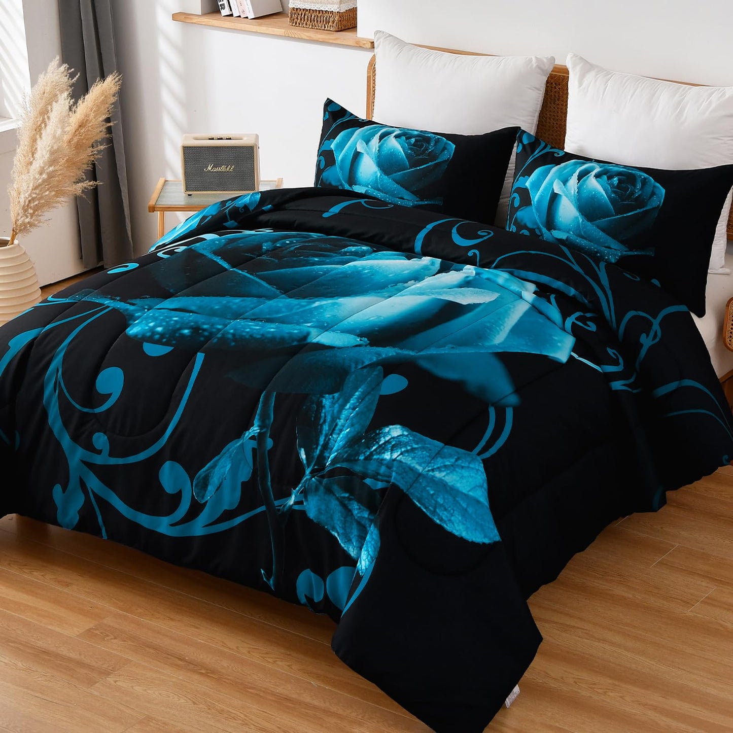 WONGS BEDDING Teal Blue Comforter Set Queen Reversible Teal Rose Pattern Printed Bedding Comforter Set with 2 Pillowcases, Soft Microfiber Filling Bedding Set 90"x90"