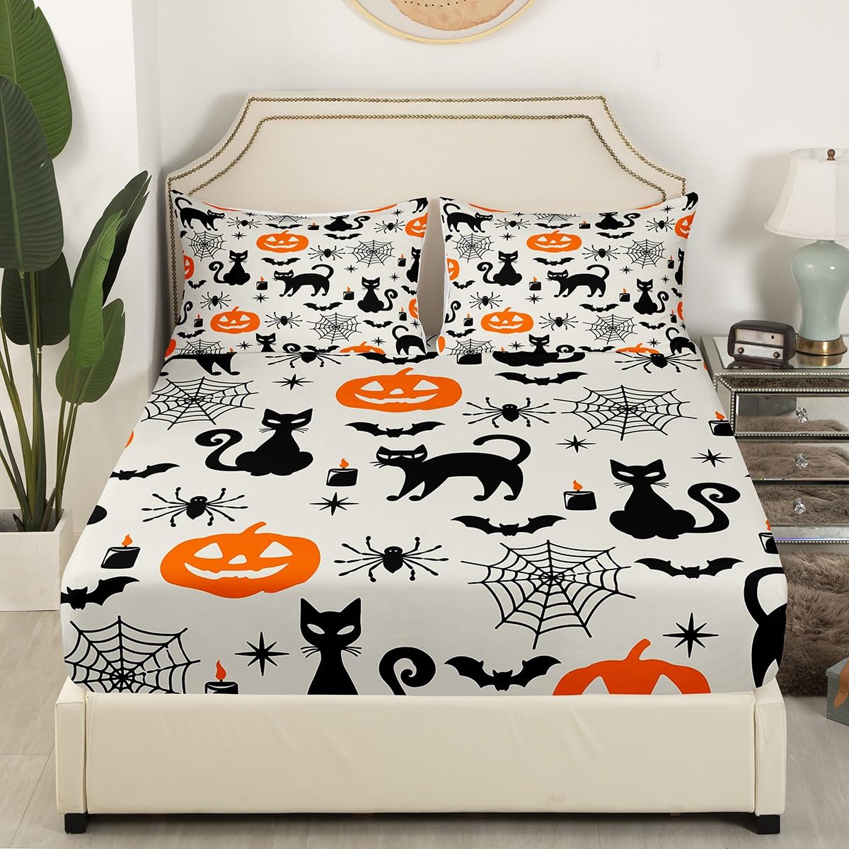 Feelyou Black Cat Halloween Decorations Sheets Set Twin Size Pumpkin Ghost Cats Bedding Set Toddlers Teens Adults Halloween Festival Themed Fitted Sheet Black Orange Bed Sheet Set