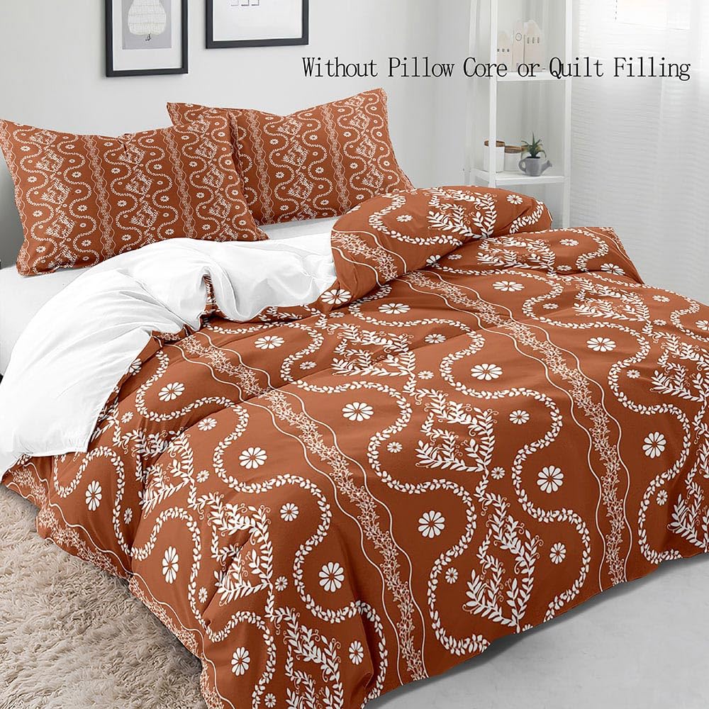 LUVIVIHOME 3PCS Burnt Orange Boho Duvet Cover King Bedding Set, Terracotta Duvet Cover, White Botanical Leaves Plant Floral Bedding, Country Rustic Farmhouse Bohemian Comforter Cover, 2 Pillow Cases