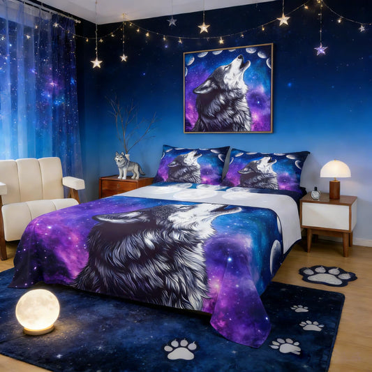 Erosebridal Howling Wolf Bed Sheets Blue Purple Starry Sky Sheet Set Full Size,Galaxy Series Fitted Sheet for Child Teens JCXS8225CLBWTfull 0