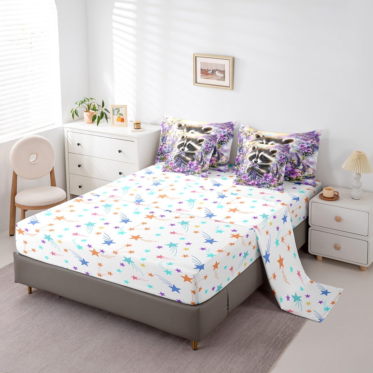 Feelyou Kids Raccoon Comforter Set with Sheets Queen Size, Cute Animal 7 Pieces Bedding Set Boys Girls Wild Animal Bed in A Bag Floral Flower Teens Bed Set Bedroom Decor 7Pcs