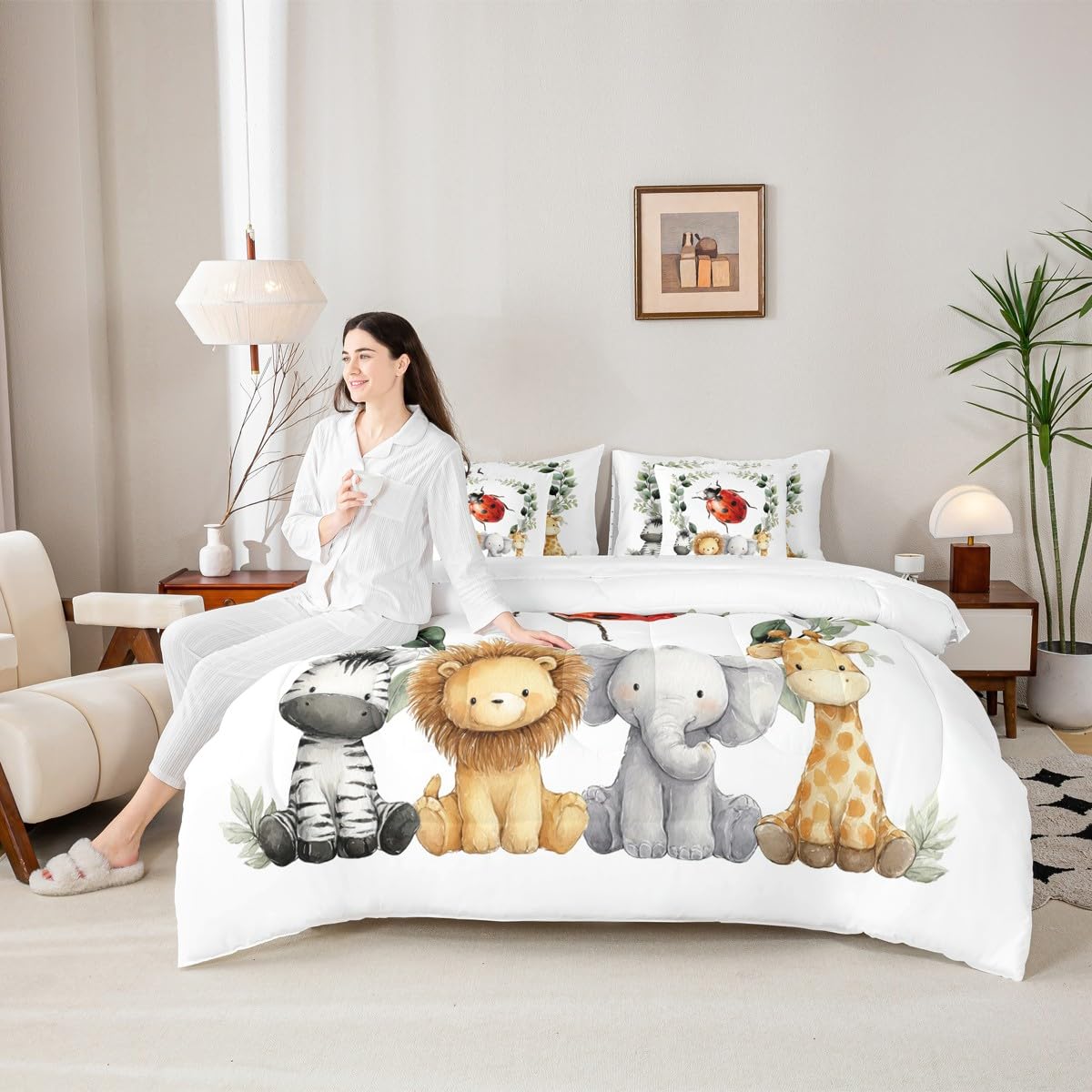 Erosebridal Cute Zoo Animal Twin Size Comforter Set with Sheets Kids | Kawaii Ladybug 7-Piece Bedding Set Botanical Eucalyptus Bed in a Bag Cartoon Zebra Lion Elephant Giraffe Bed Quilt Sets