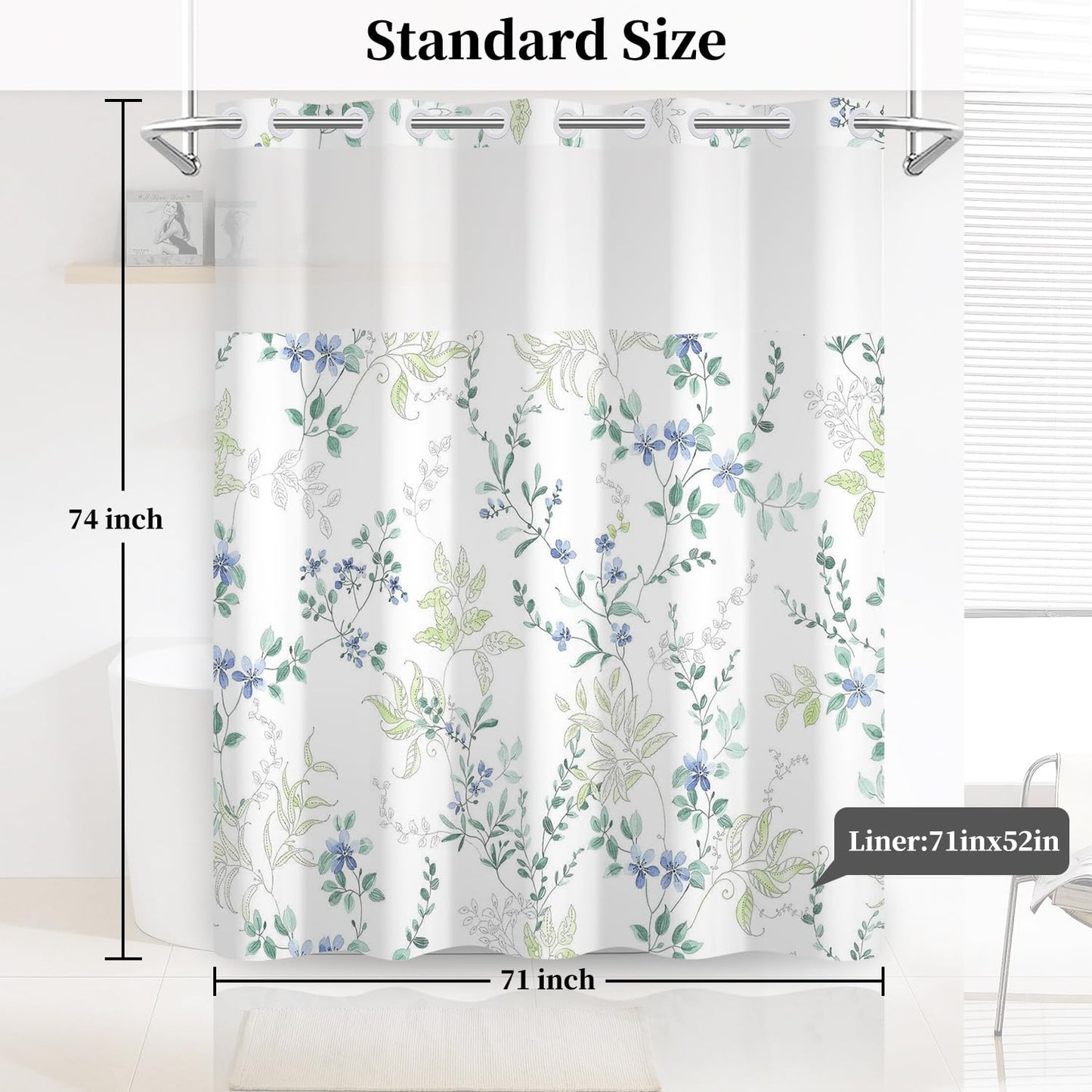 NAEMBCU No Hook Floral Shower Curtain with Snap in Liner 71x74 Inch