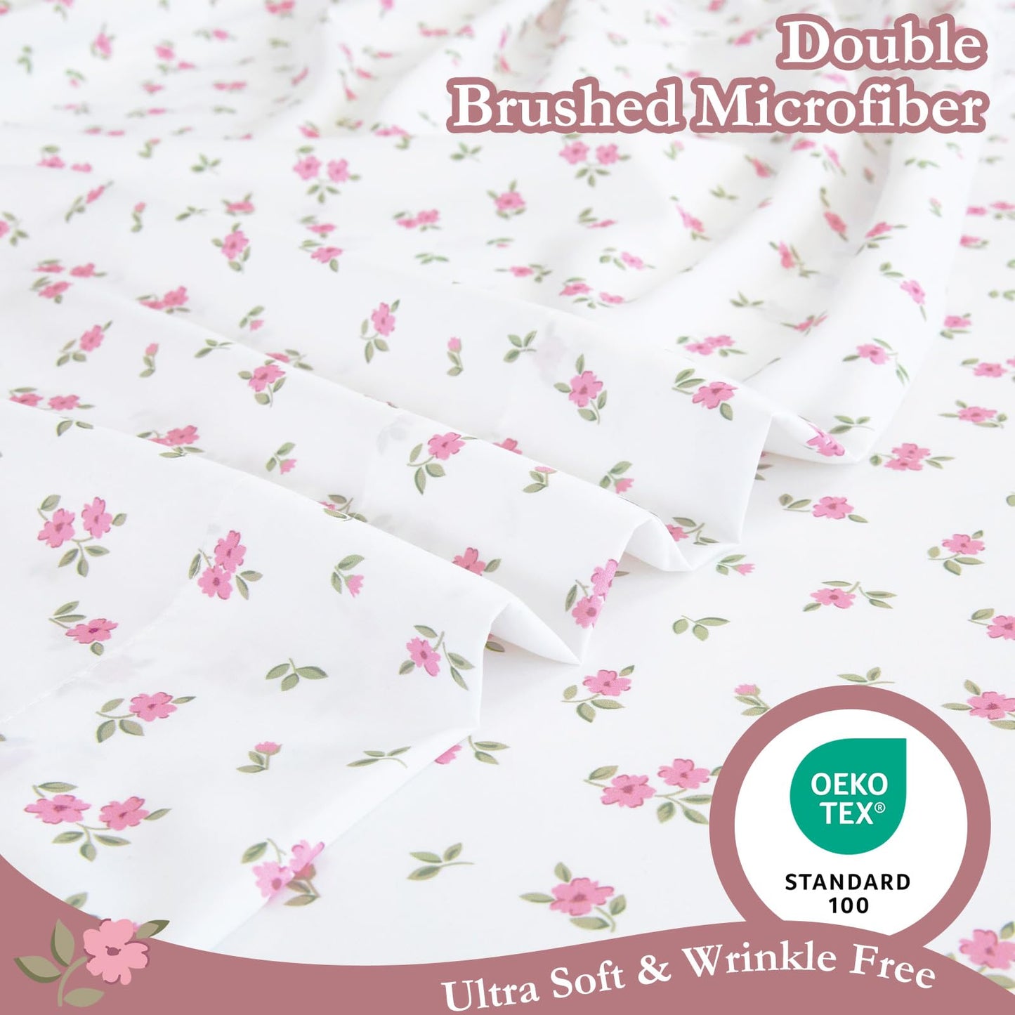MICORAL Boho Floral Queen Sheet Set, 4-Piece Printed Botanical Bed Sheets, 16" Deep Pocket, Ultra Soft & Cooling Sheet, Oeko-TEX Certified, Pink Cute Flower