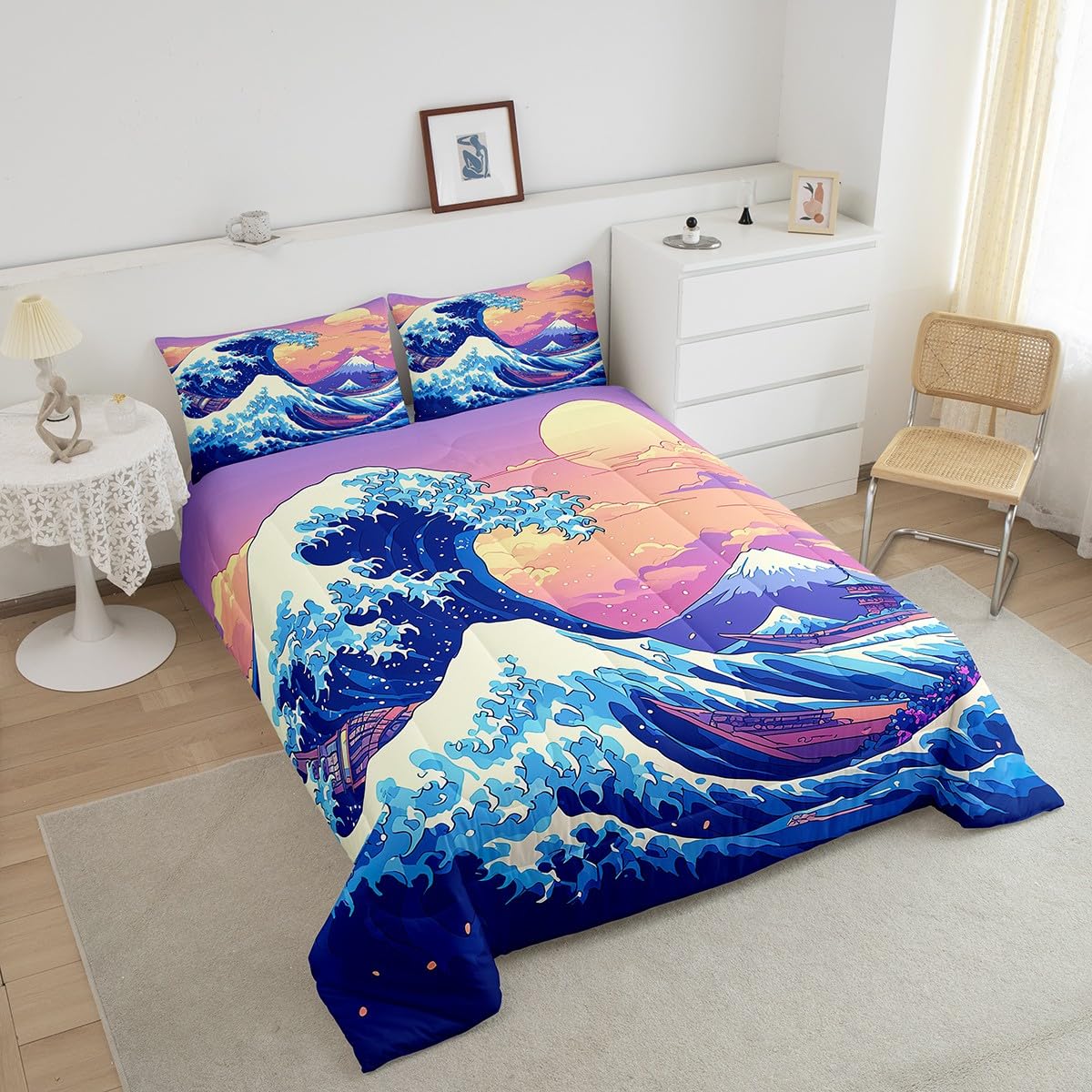 Feelyou Japanese Wave Bedding Set for Kids Boys Girls Queen Size Fuji Mountain Comforter Set Ultra Soft Japanese Style Comforter Sunset Duvet Quilt Bedroom Decor Ocean Wave Quilt
