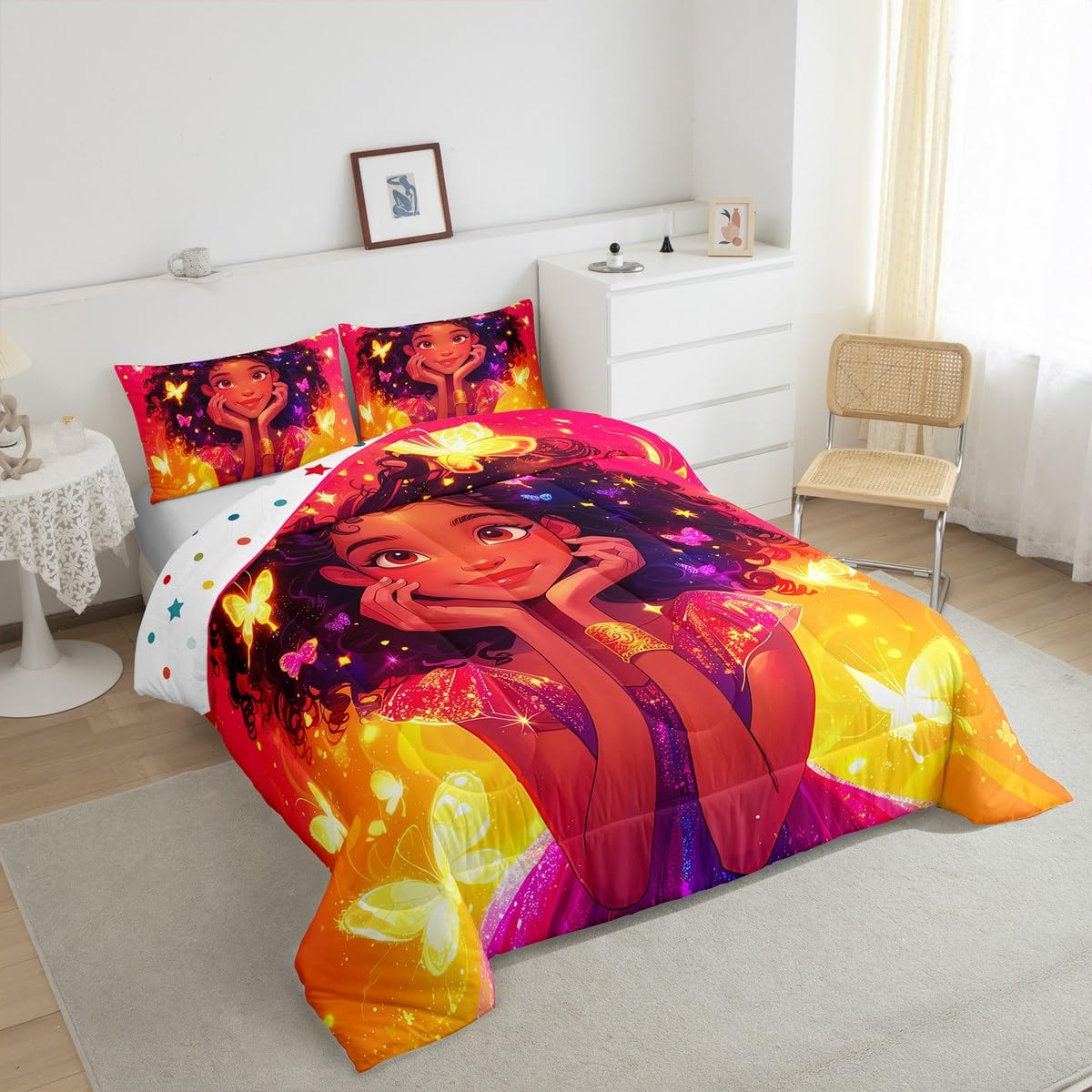 Erosebridal Black Girls Bedding Set Glitter Butterfly Afro Girl Twin Comforter Set for Girls,American African Princess Magical Quilt for Toddler Kids Teenager,Kawaii Room Decor