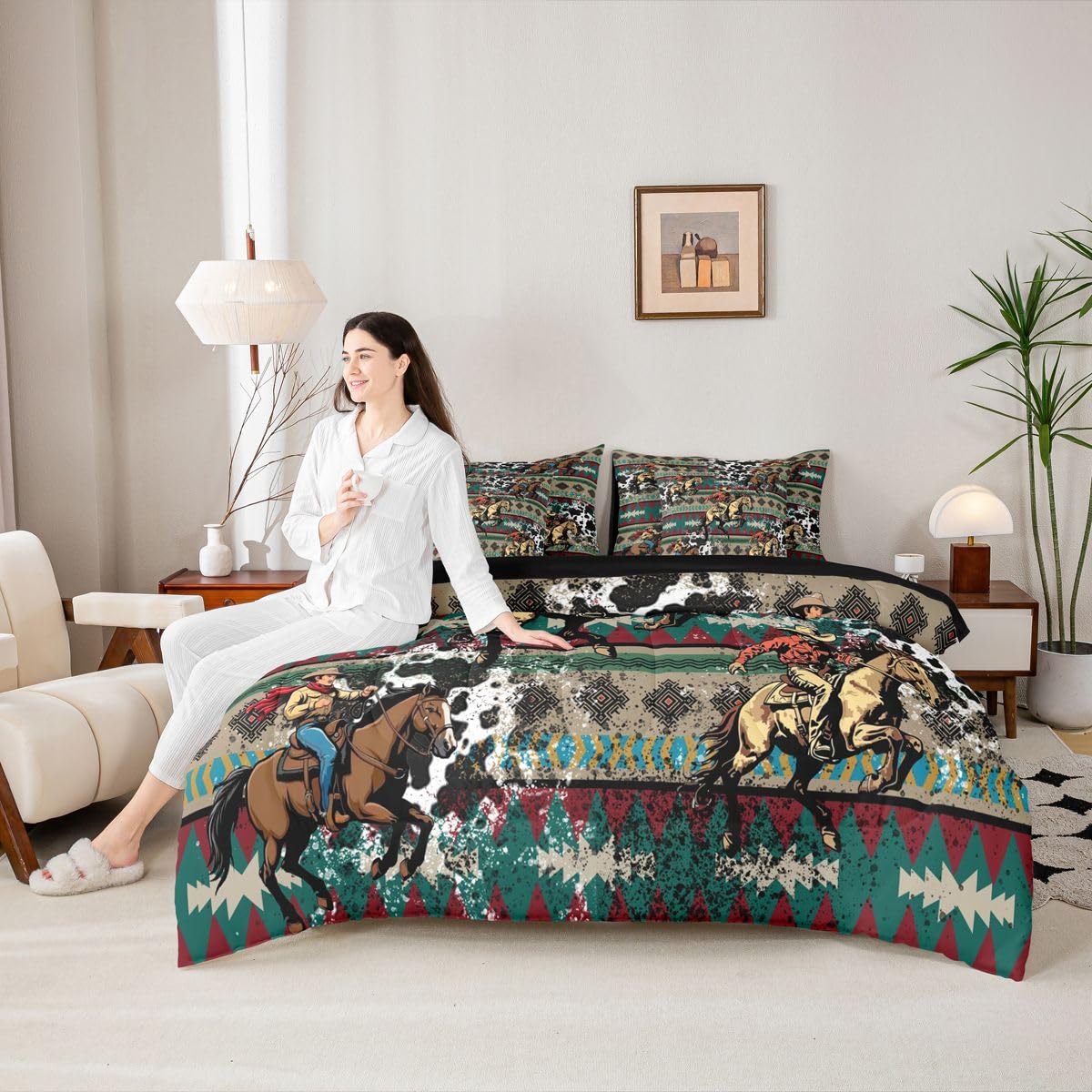 Erosebridal Fur Print Cowboy Red Blue Brown Aztec Full Comforter Set 7 Pieces | Tribal Bohemian Ethnic Bed in A Bag for Bedroom Cowhide Pattern Bedding Set with Comforters Retro Adults Room Decor