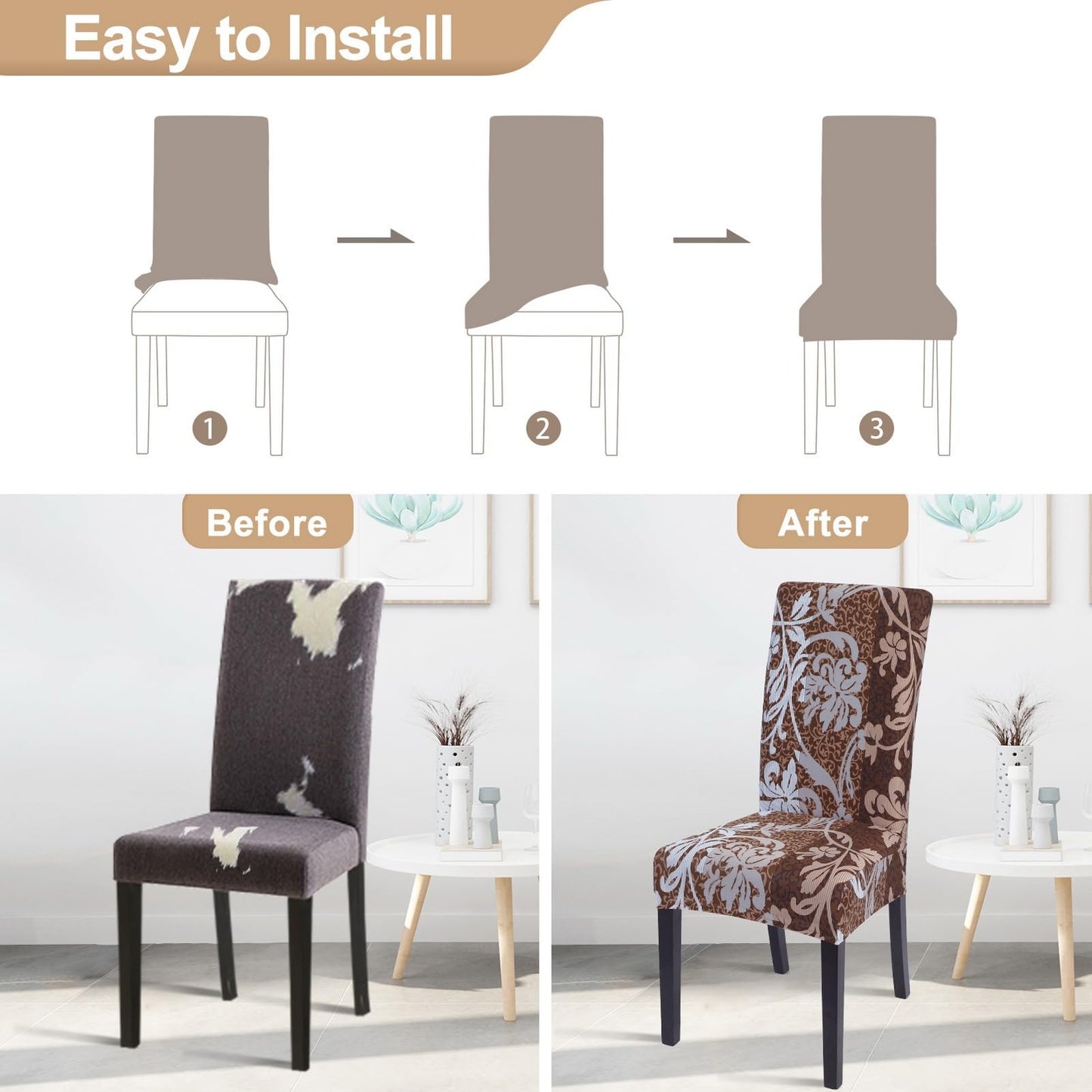 SearchI Dining Room Chair Covers Set of 4, Stretch Printed Parsons Chair Slipcovers Removable Washable Kitchen Chair Protector Cover for Dining Room, Hotel, Ceremony (Brown+Flower)