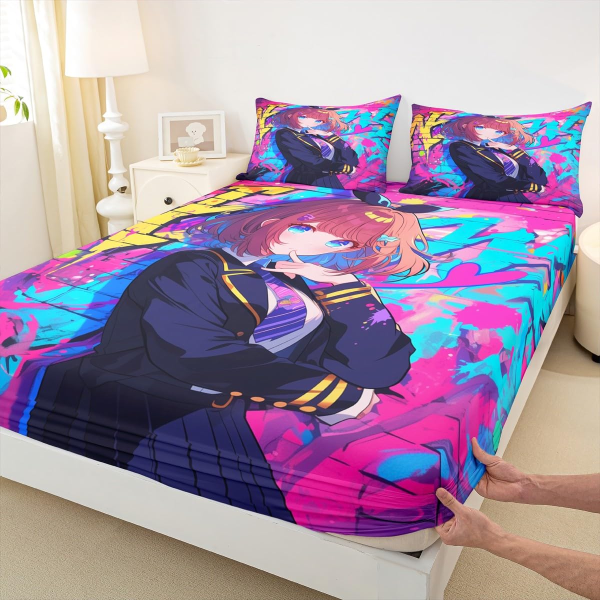 Erosebridal Girls Japanese Anime Bedding Set Full, Kawaii Anime Girl Fitted Sheet Cartoon Girl Bed Sheets for Kids Teens Adult, Japanese Animation Sci Fi Style Sheets, 2 Pillow Cases