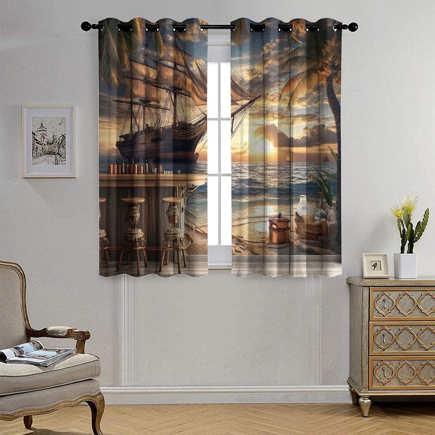 TOWINSFB Nautical Pirate Ship Blackout Curtains for Bedroom/Living Room, Retro Sunset Ocean Sailboat Grommet Curtains Thermal Insulated Window Drapes, 2 Panels, Each 21W x 45L
