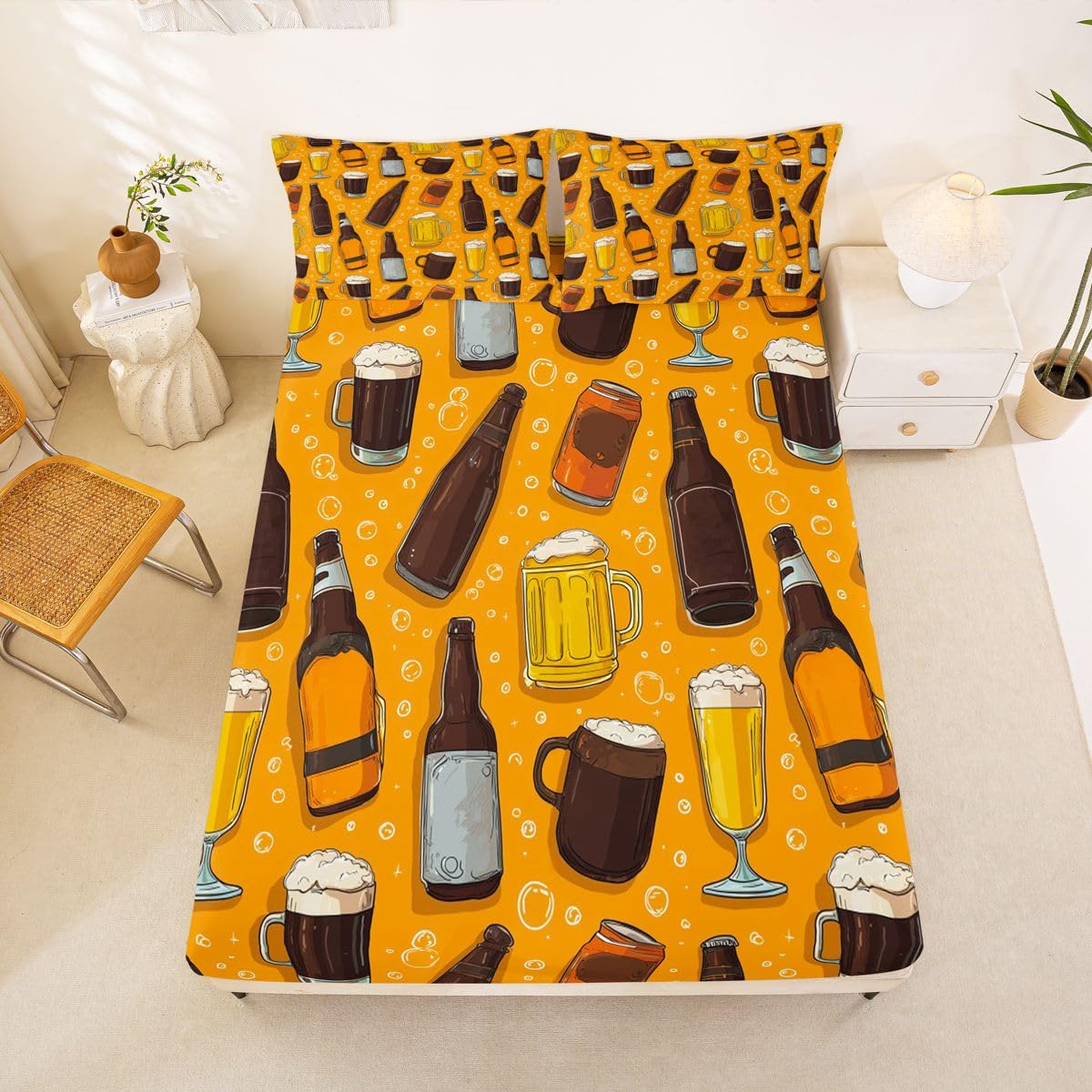 Beer Theme Fitted Sheets Full Size (No Flat),Beer Bottle and Glass Print Bedding Set 3Pcs,Kids Teens Woman Room Decor,Cheers Bed Sheet Drinking Beer Deep Pocket Sheet,2 Pillowcases