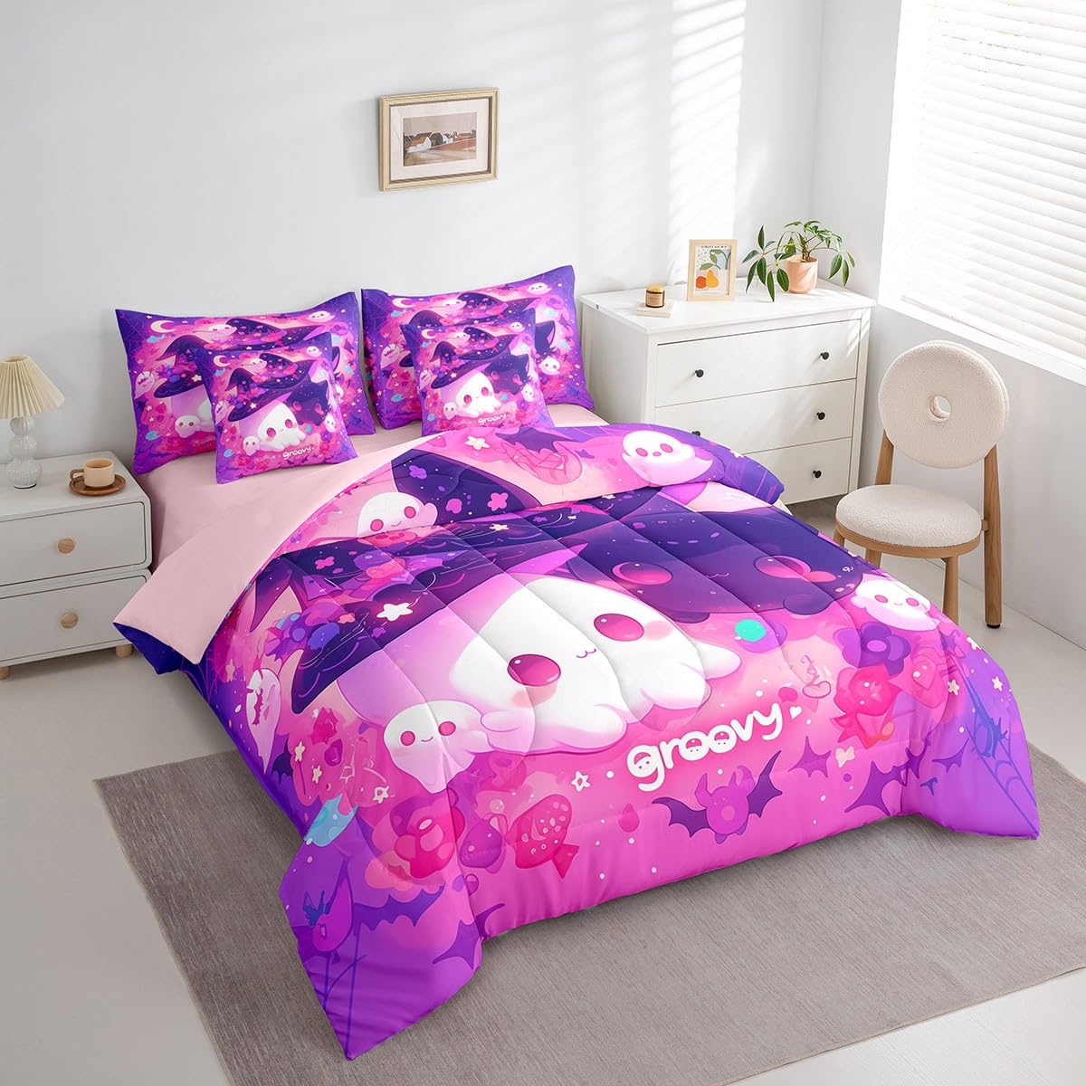 Feelyou Happy Halloween Comforter Set with Sheets Twin Cute Groovy 7 Piece Bedding Set for Kids Boys Girls Teens Sweet Purple Bed in a Bag Bat Bed Set