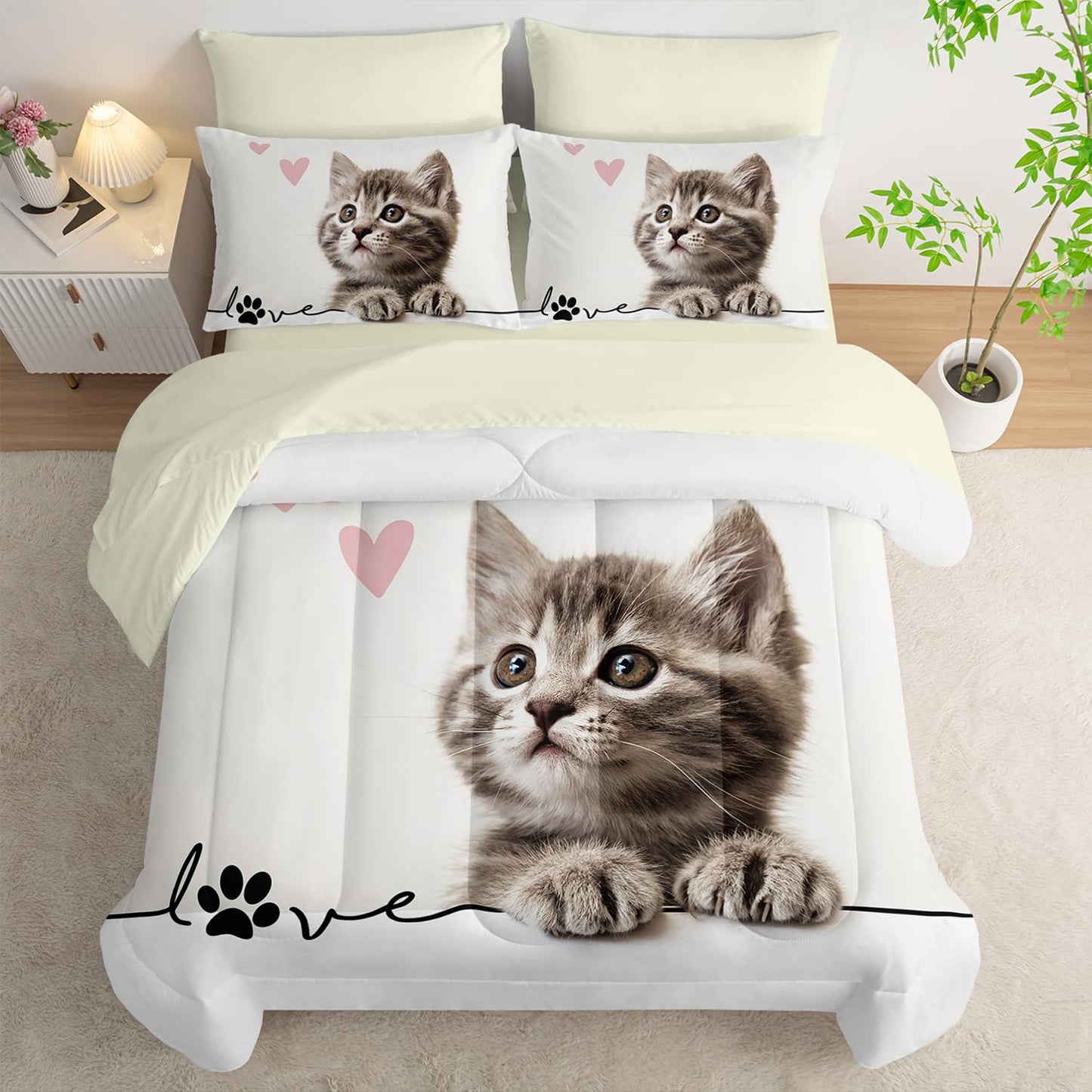 AILONEN 3D Kids Kawaii Cat Comforter Set Twin Size,7-Piece Fuzzy Ball Kitten Bed in a Bag,Cute Pet Cat Lover Comforter & Fitted Sheet with Flat Sheet & 2 Pillowcases,2 Pillow Cases for Bedroom,Soft