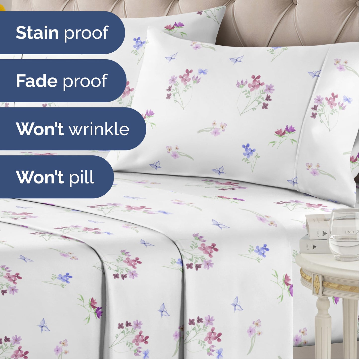 Floral Sheets - Butterfly Floral Bed Sheet Set - 1 Flat, 1 Fitted & 1 Pillowcase w/ Deep Pockets - Comfy, Wrinkle & Fade Free - Boho Botanical Bedding - Soft, Breathable and Cooling - Twin Size Set