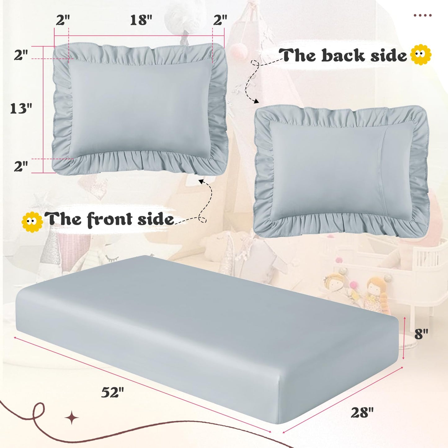 KKJIAF 3 Piece Toddler Sheet Set Microfiber, Includes a Flat Sheet, a Fitted Sheet and a Ruffle Pillowcase, Dusty Blue