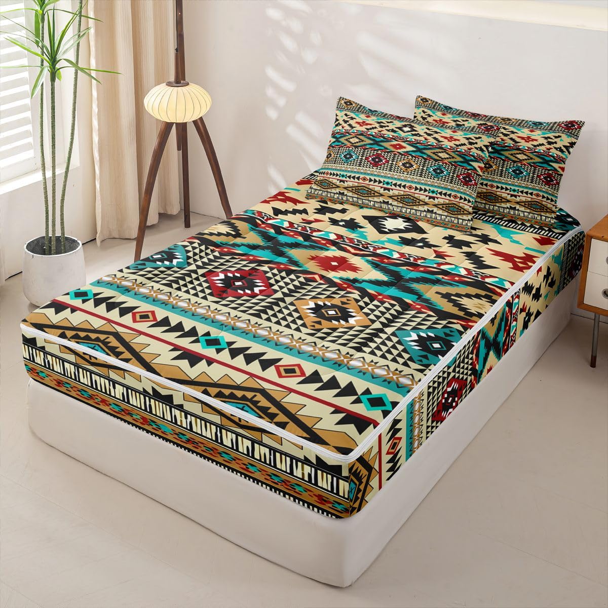 Western Geometric Zipper Bedding Queen Boho Western Zip Up Bedding Set for Boys, Bohemian Southwestern Bed in a Bag Vintage Rustic Farmhouse Comforter with Fitted Sheet and 2 Pillowcases Yellow