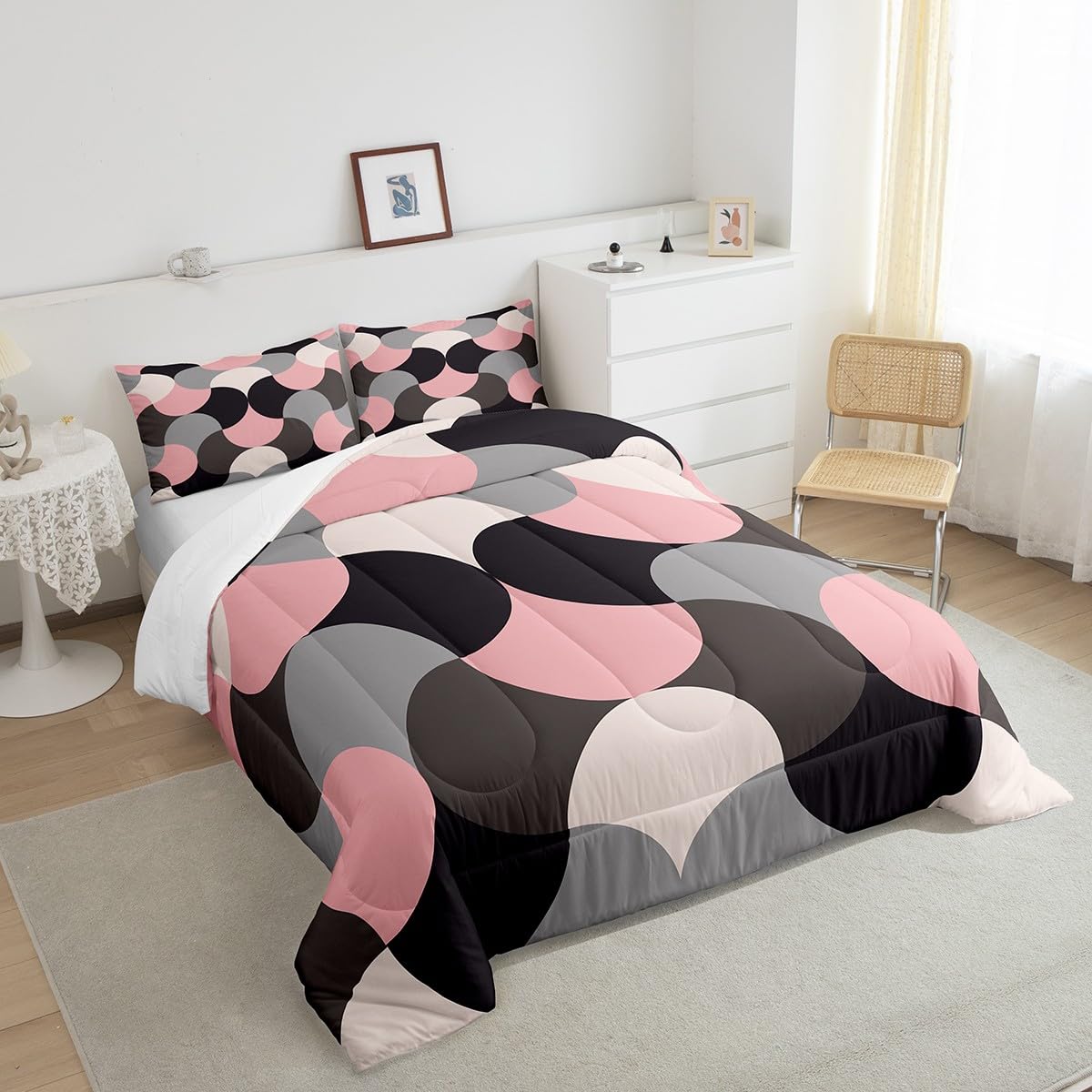 Feelyou Geometric Print Bedding Set Geometric Pink Grey Black Comforter Set for Kids Boys Girls Teens Decor Modern Art Comforter Luxury Abstract Art Duvet Set Queen Size 3Pcs Quilt Set