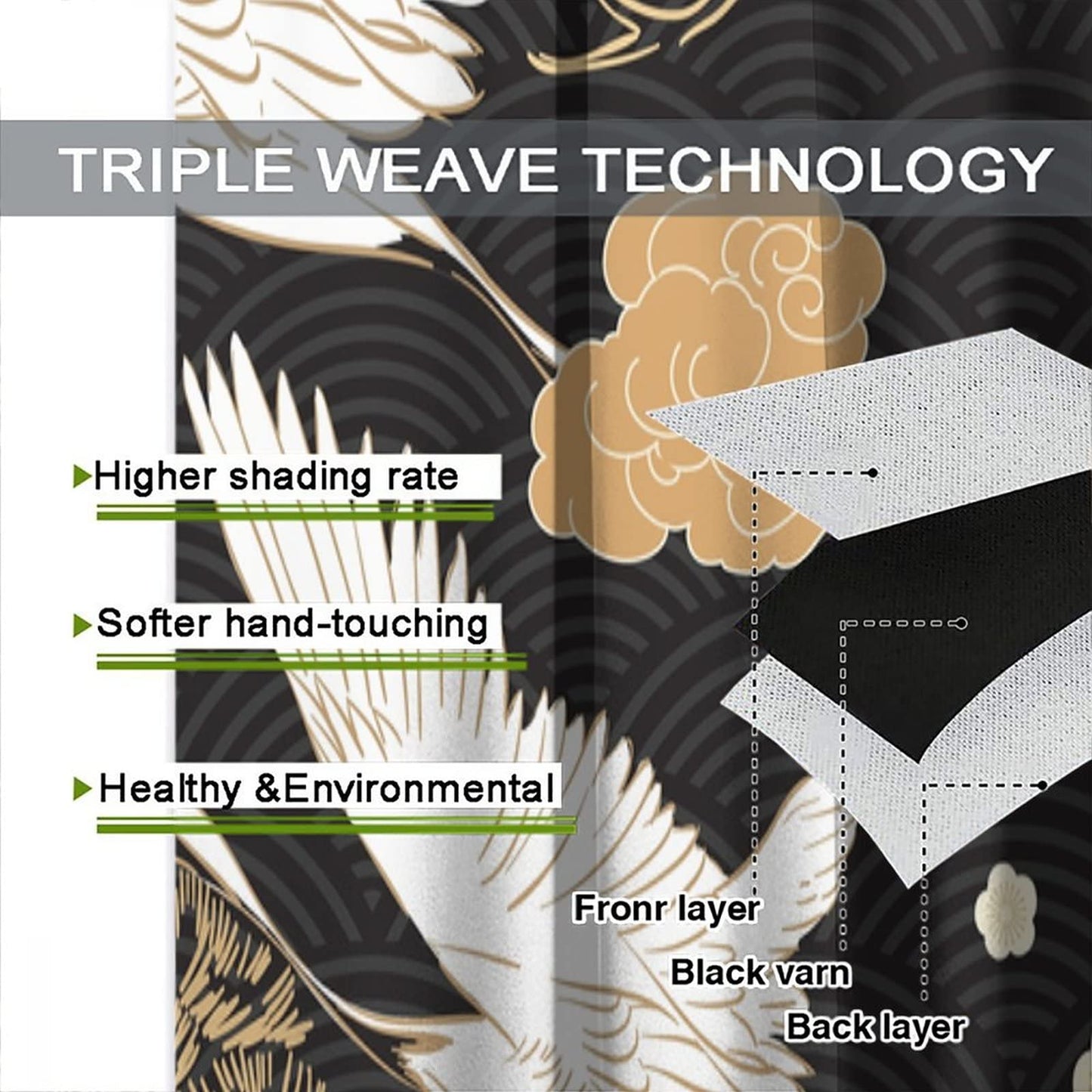 Japanese Style Curtains, Retro Red Crane Black and Gold Pine Tree Wave Abstract Asian Style, Bedroom Living Room Blackout Curtains, 2 Panel Set,42X45 Inch
