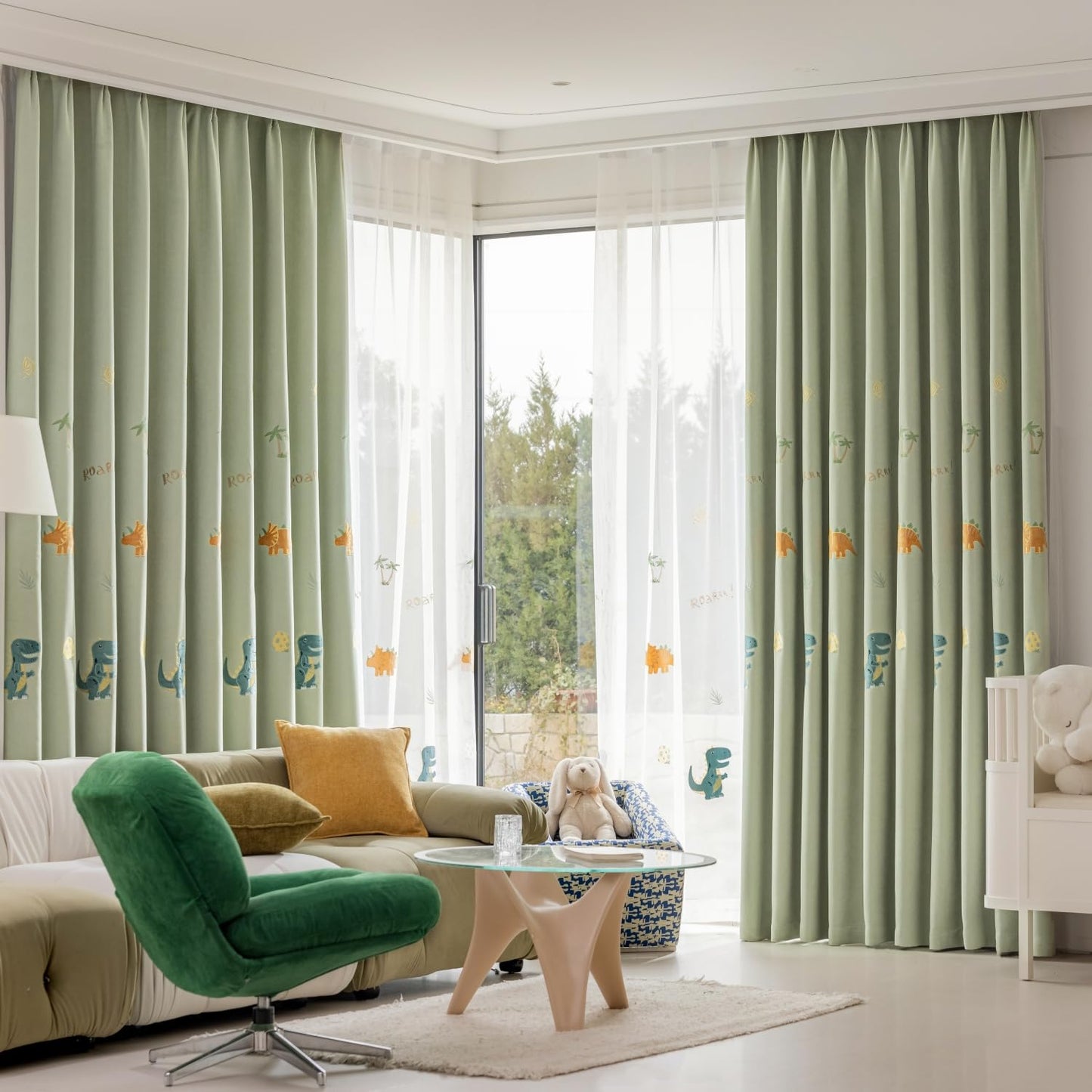 KMSG Cartoon Dinosaur Kids Curtains with Blackout Liner Embroidery Nursery Curtains for Children Boys Baby Bedroom Living Room Grommet Top Room Darkening Window Drapes 1 Panel (Green,W52 x L84 Inch)