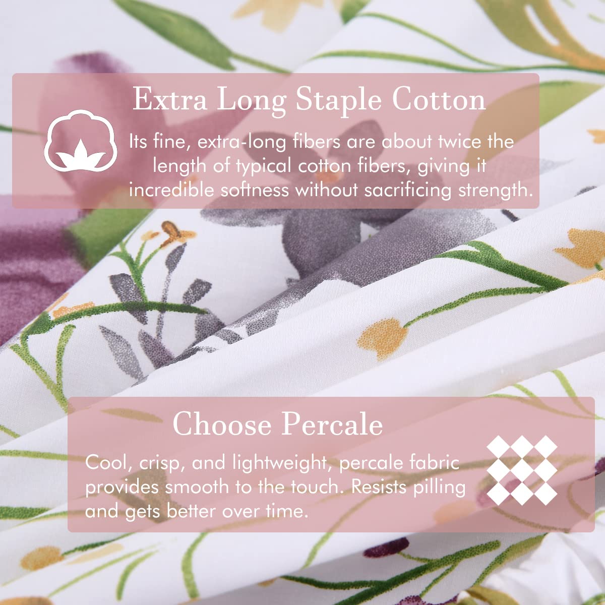 URBONUR Garden Floral Sheets Set 4-Pieces Egyptian Cotton Luxurious Bedding Sheet Set Soft Silky Crisp Percale Sheets Shabby Chic Flowers Bed Linen Set (4Pcs, Queen Size)