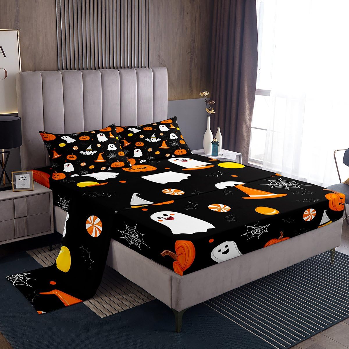 Feelyou Happy Halloween Bed Sheets Sets Twin Size Kids Boys Girls Cute Ghost Pumpkin Bedding Set Orange White Black Bed Sheet Set with 16-Inch Deep Pockets Cobweb 3Pcs with 1 Pillow Cases