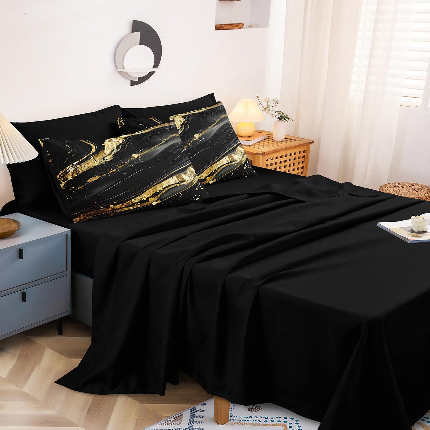 MOVE OVER 8 Pieces Black Gold Marble Bed in a Bag King Size Abstract Marble Textured Comforter Set with 1 Comforter 4 Pillowcases 1 Flat Sheet 1 Fitted Sheet 1 Cushion Cover