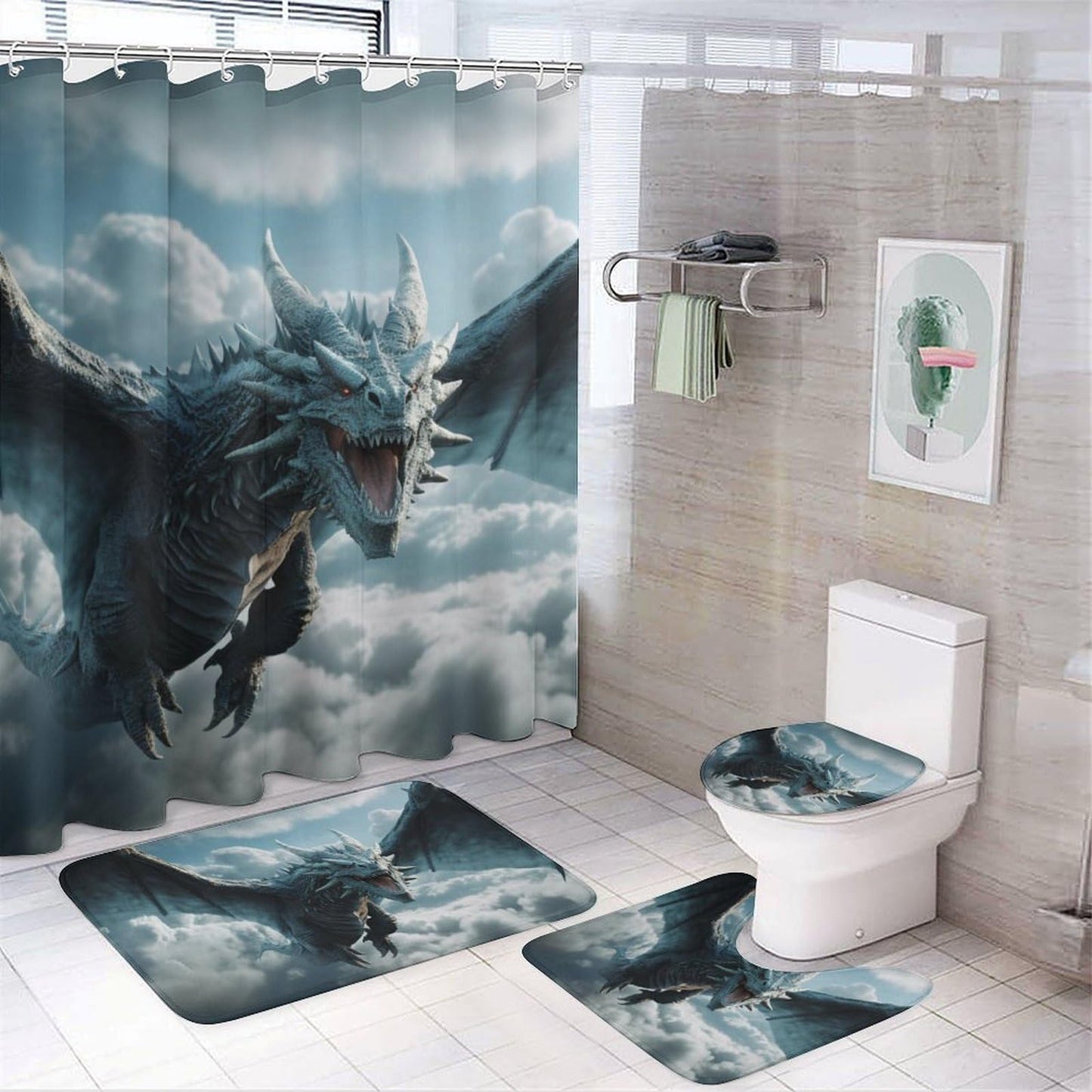 FOCCAFB 4Pcs Glam Cool Dragon Bathroom Sets with Shower Curtain Rugs Mats Fantasy Clouds Animal Bathroom Decorations Sets with Non Slip Rugs Toilet Lid Cover Bath Mat, Style-3