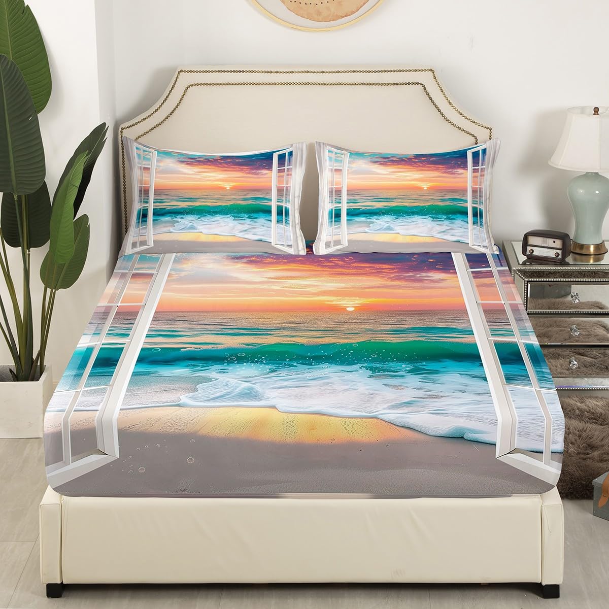 jejeloiu Beach Theme Fitted Sheet Full Size Kids Summer Ocean Wave Pattern Bed Sheets Set for Boys Girls Teens Sea Marine Coastal Natural Scenery Bedding Set Room Decor
