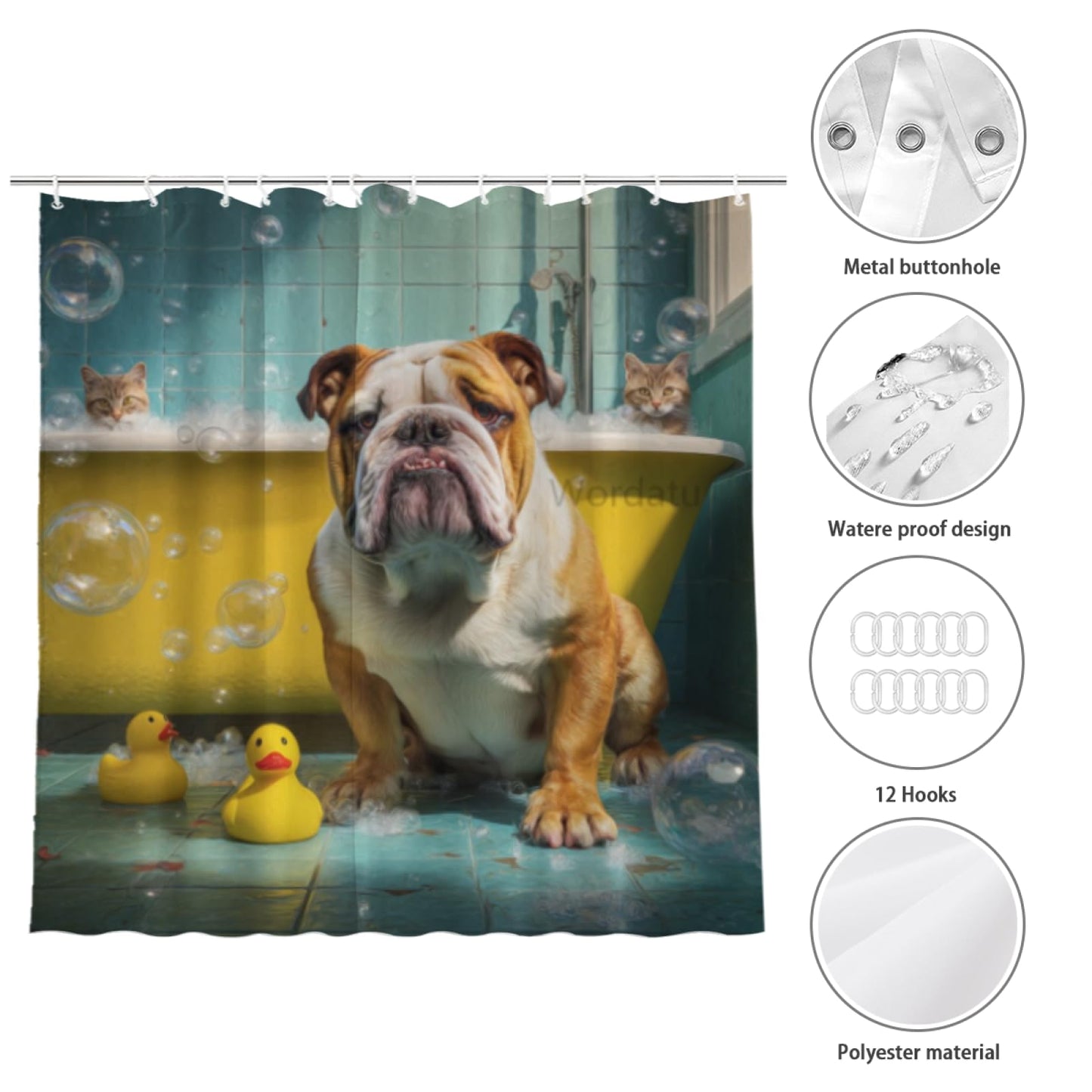 Wordatu Bulldog- Shower Curtain Bathroom Set 72X72 Inches Funny Cat Lovely Animals in Bathtub for Boys Bath Farmhouse Art Home Decor Fabric 12 Hooks