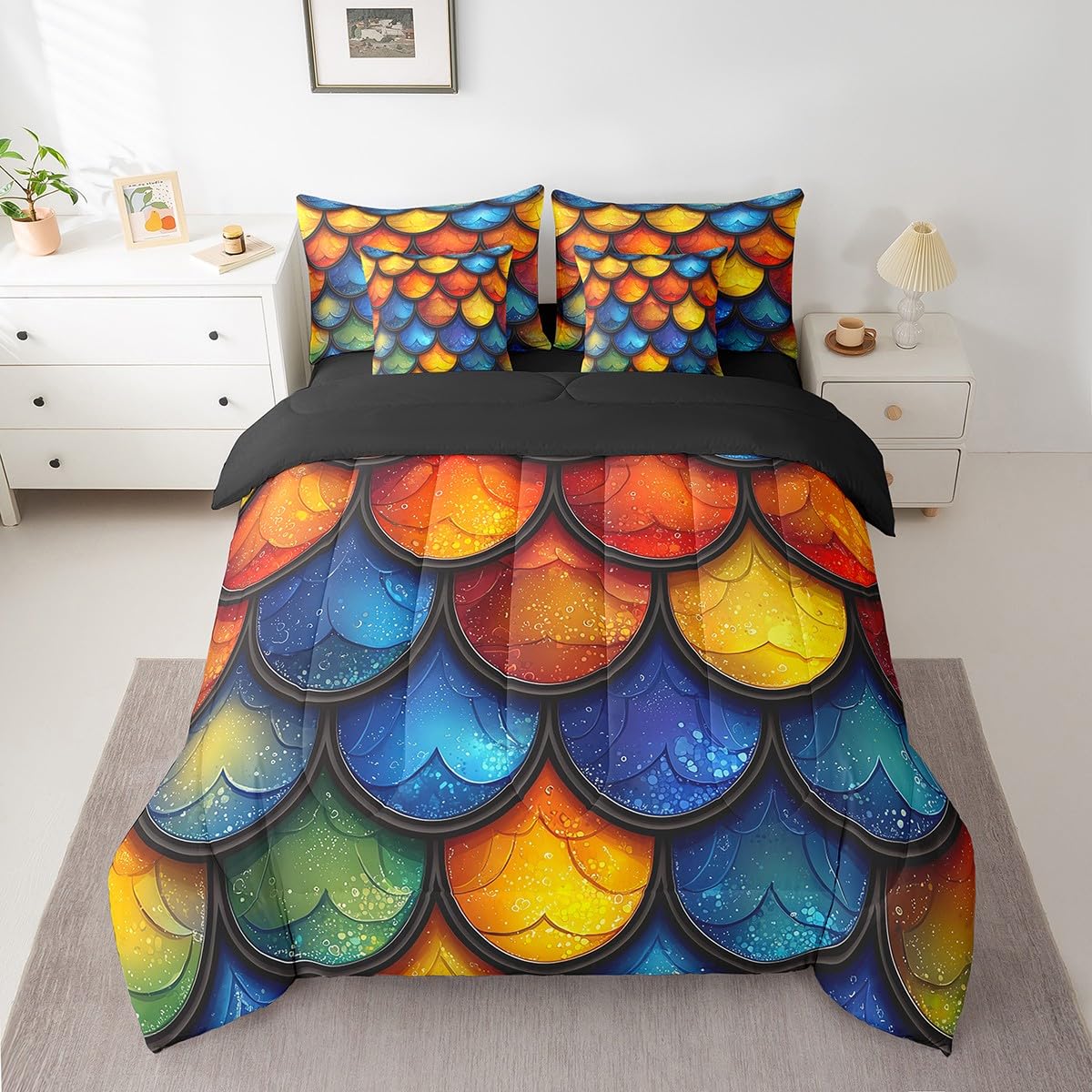 Erosebridal Mermaid 7 Pcs Comforter Set Queen Size,Teal Glitter Fish Scales Bed in a Bag with Flat Sheet and Fitted Sheet for Kids Teens Adult, Bedding Set with Pillowcase and Sham Reversible