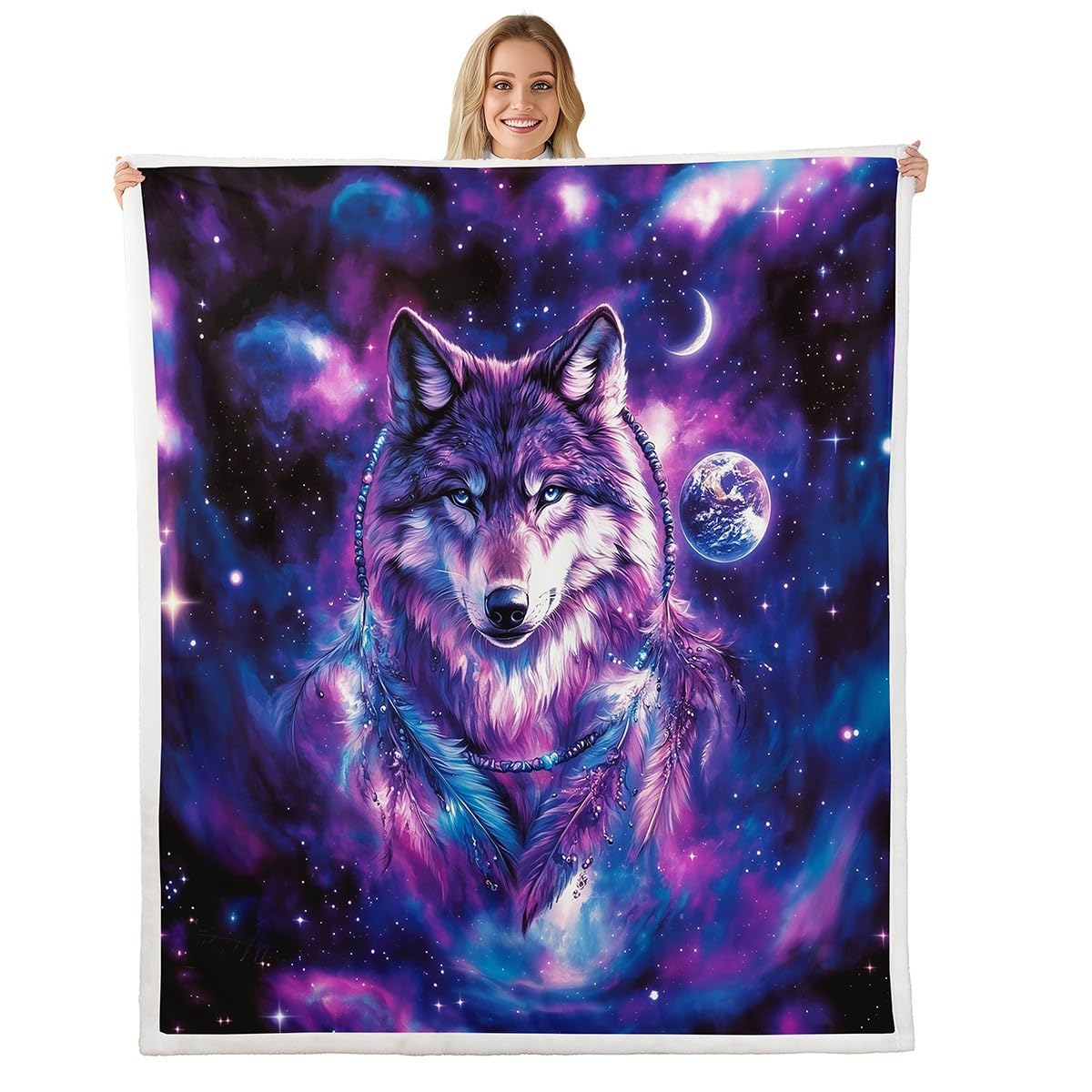Erosebridal Twin Size Wolf Fuzzy Plush Throw Tribal Animal Fleece Blanket Bohemian Feather Wildlife Sherpa Blanket for Kids Adult Women Men Starry Sky,Purple Decor for Sofa Couch Decor