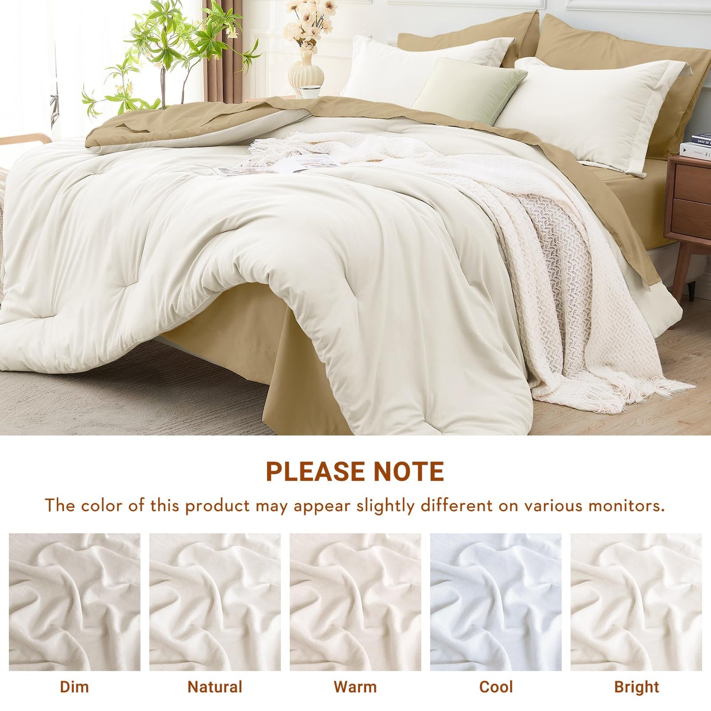MUXHOMO 7 Pieces King Comforter Set, Soft Bed in a Bag King Size, All Season Bedding Set with Comforter, Flat Sheet, Fitted Sheet, Pillowcases & Shams, Ivory & Khaki